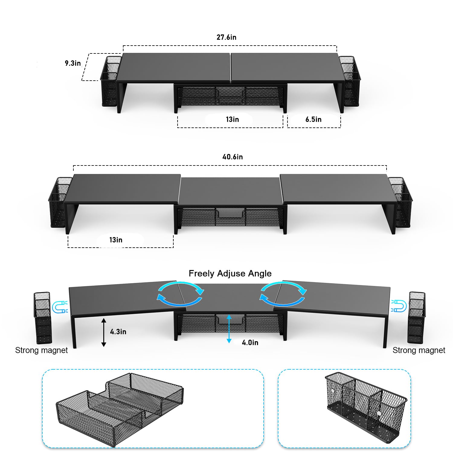 Gianotter Dual Monitor Stand Riser with Drawer & Pen Holders - Adjustable Desk Organizer Shelf for Computer Monitors, Laptops & Office Accessories - Perfect for Home Office, Gaming Setup & Workspace Organization (Black)
