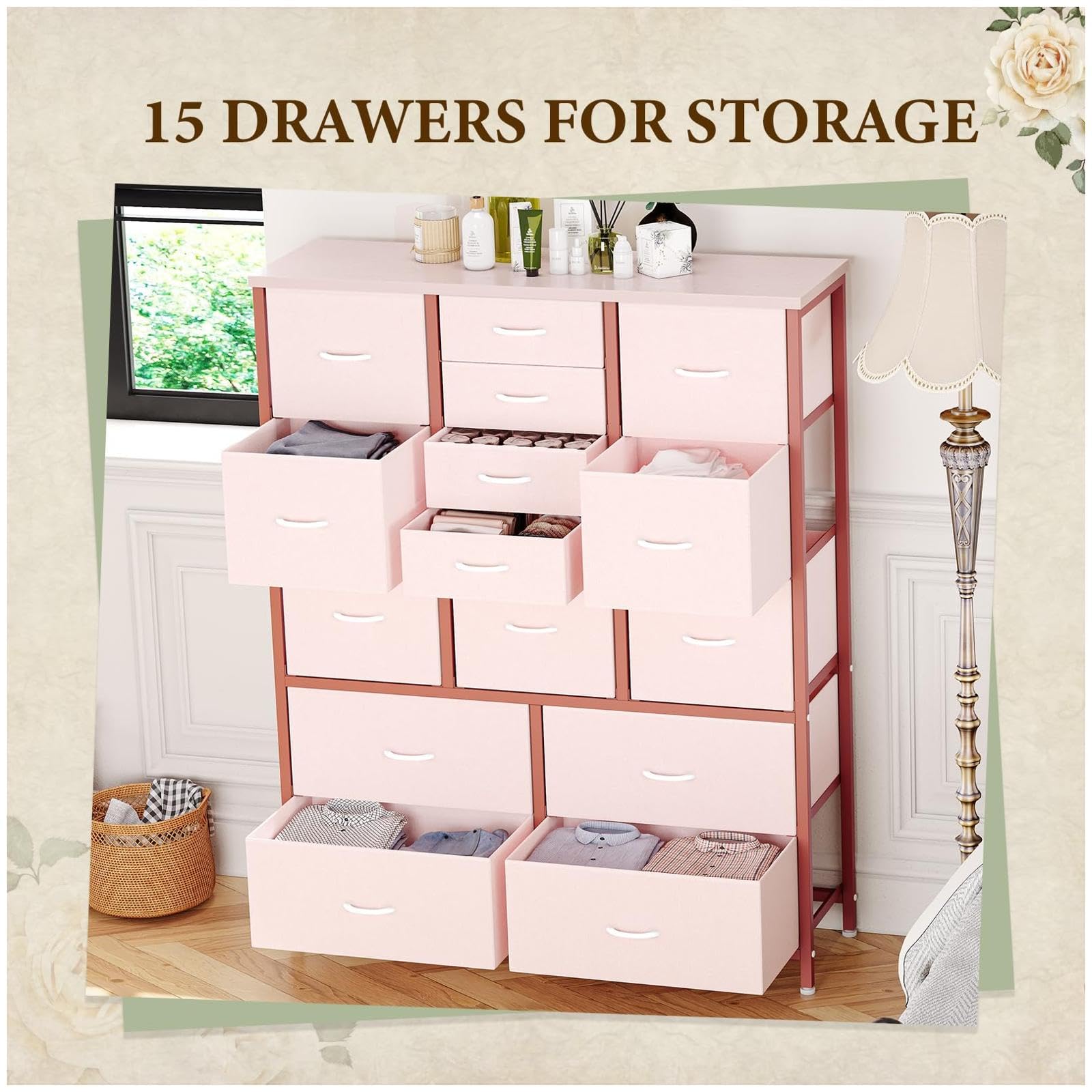 GARVEE 15-Drawer Fabric Dresser with Metal Frame & Wood Top - Tall Storage Organizer for Bedroom, Living Room, Entryway - Side Pockets & Hooks, Adjustable Feet - Perfect for Clothes, Toys, Shoes & Home Organization