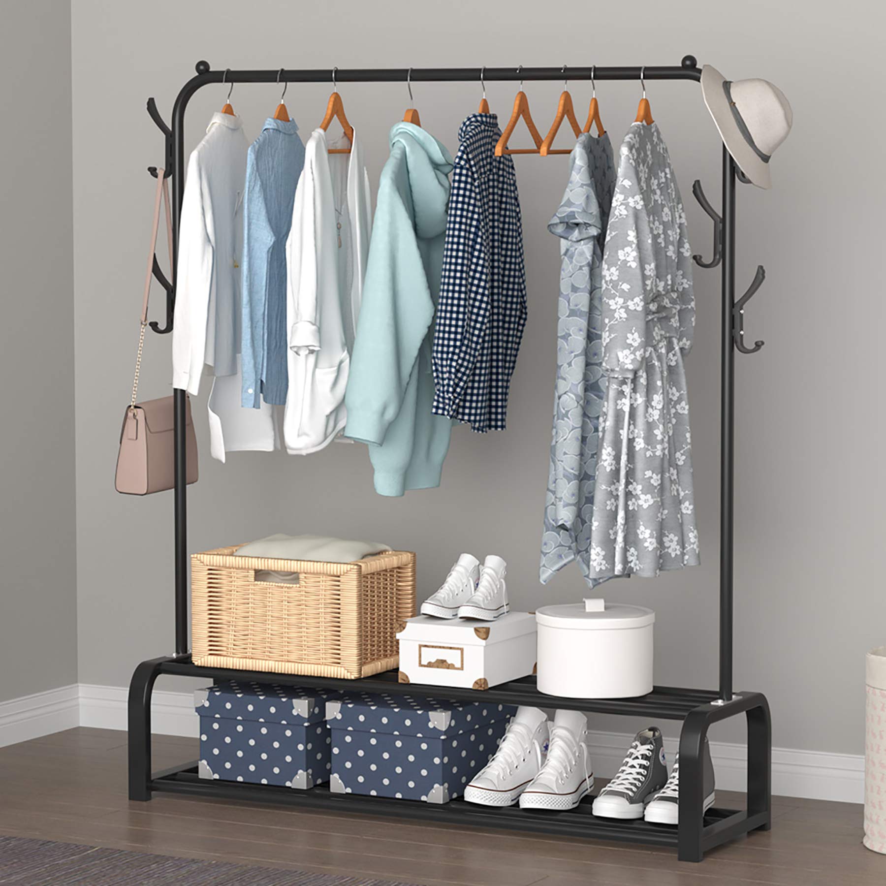 YAYI Freestanding Garment Rack with 2-Tier Storage Shelf & Side Hooks - Heavy Duty Clothes Hanger Organizer for Bedroom, Closet, Laundry Room - Perfect for Clothes Storage, Drying & Wardrobe Organization (Black)