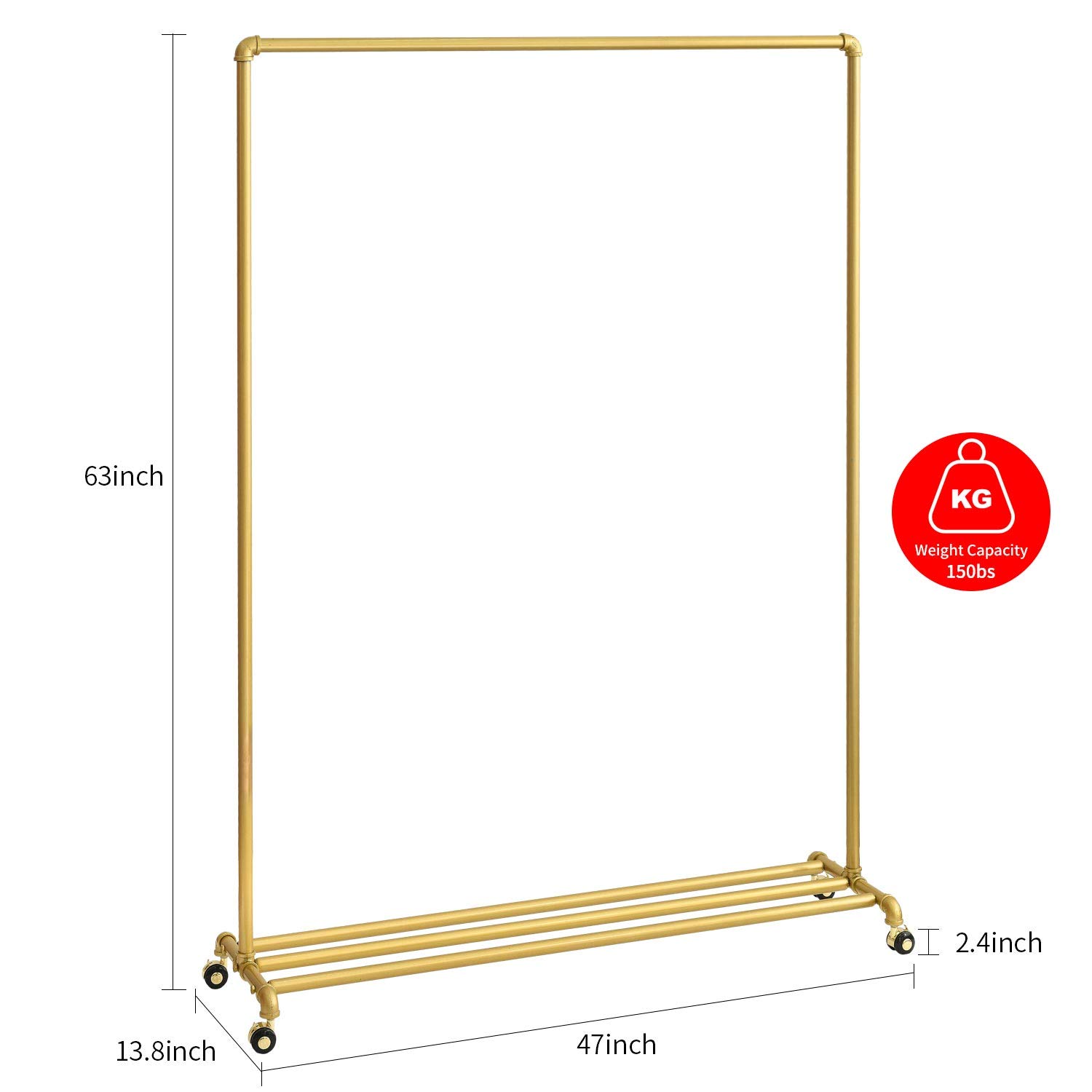 BOSURU Rolling Gold Clothing Rack with Wheels - Heavy Duty Industrial Pipe Garment Rack for Retail Stores, Boutiques & Home Use - Perfect for Clothing Display, Wardrobe Organization and Commercial Garment Storage
