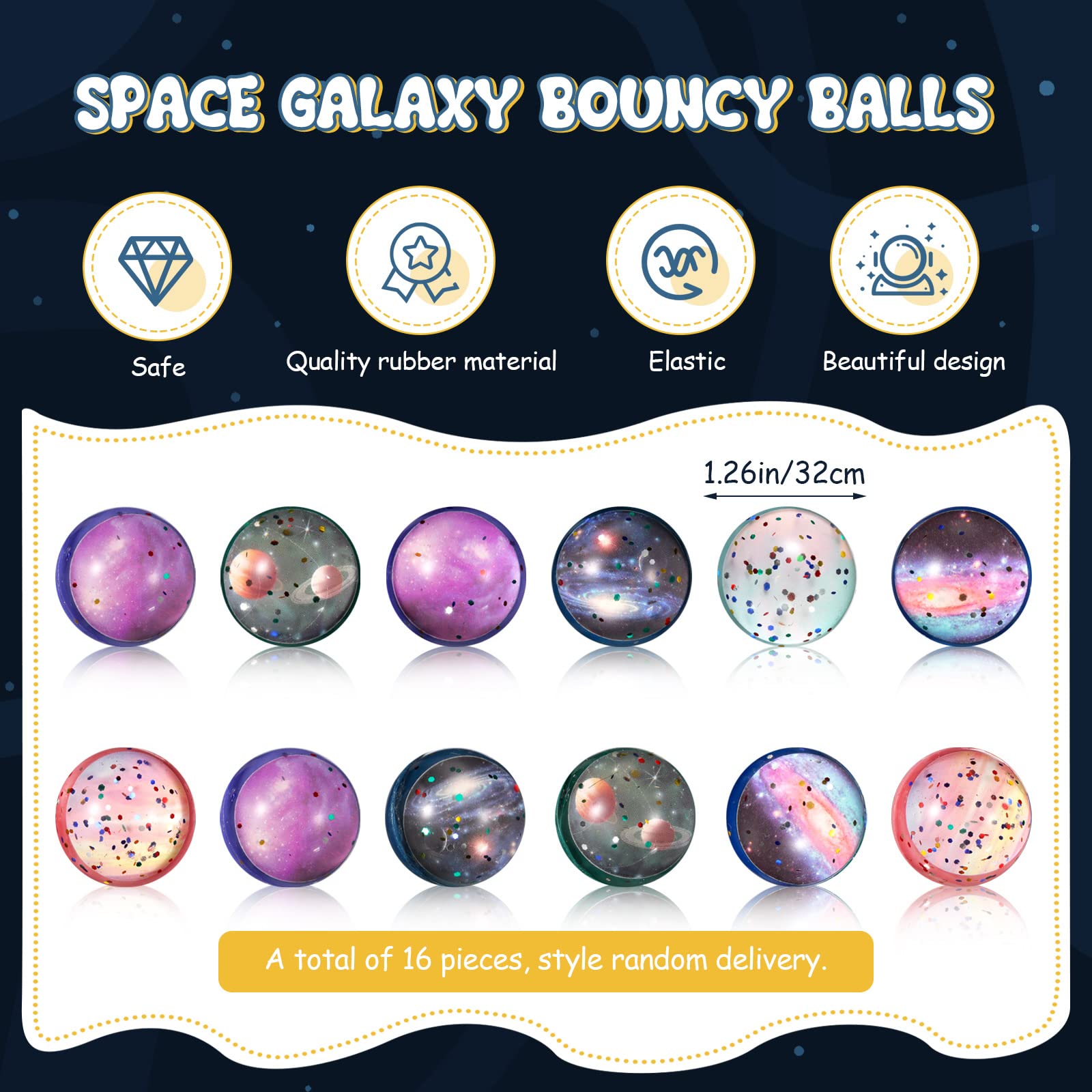 32-Piece Space Party Favors Set - 16 Galaxy Slap Bracelets & 16 Rubber Bouncy Balls for Outer Space Birthday, Classroom Rewards, Goodie Bag Fillers & Kids' Party Supplies