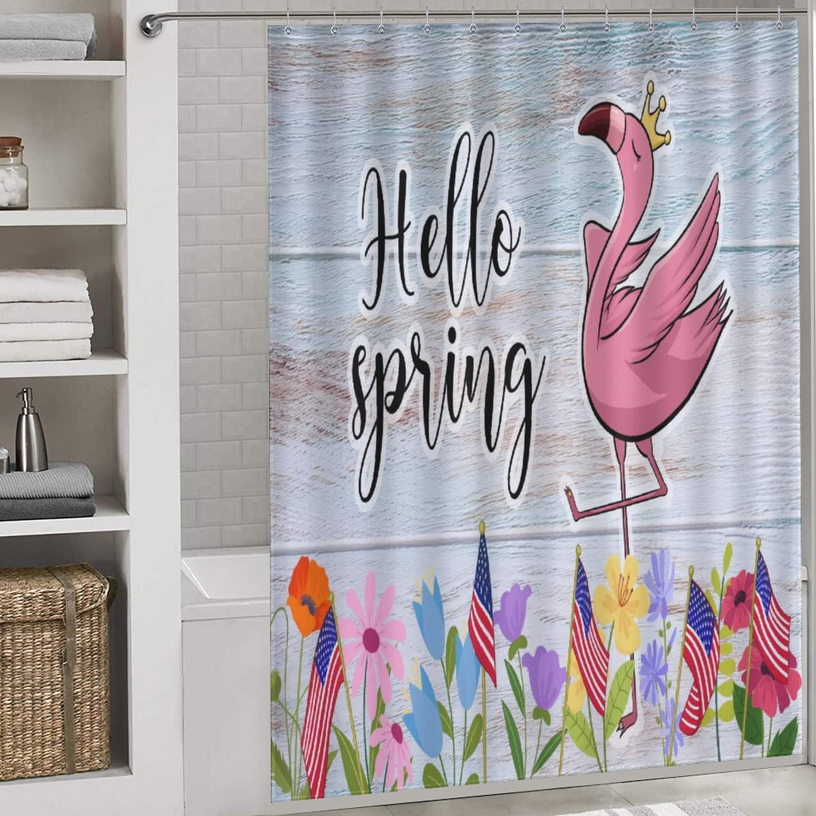 Hello Spring Wood Grain Flamingo Floral Shower Curtain - 66x72 Inch Washable Polyester Bathroom Curtain with 12 Hooks for Bathtub, Stall & Hotel Decor | Perfect for 4th of July, Summer Beach House & Tropical Bathroom Themes