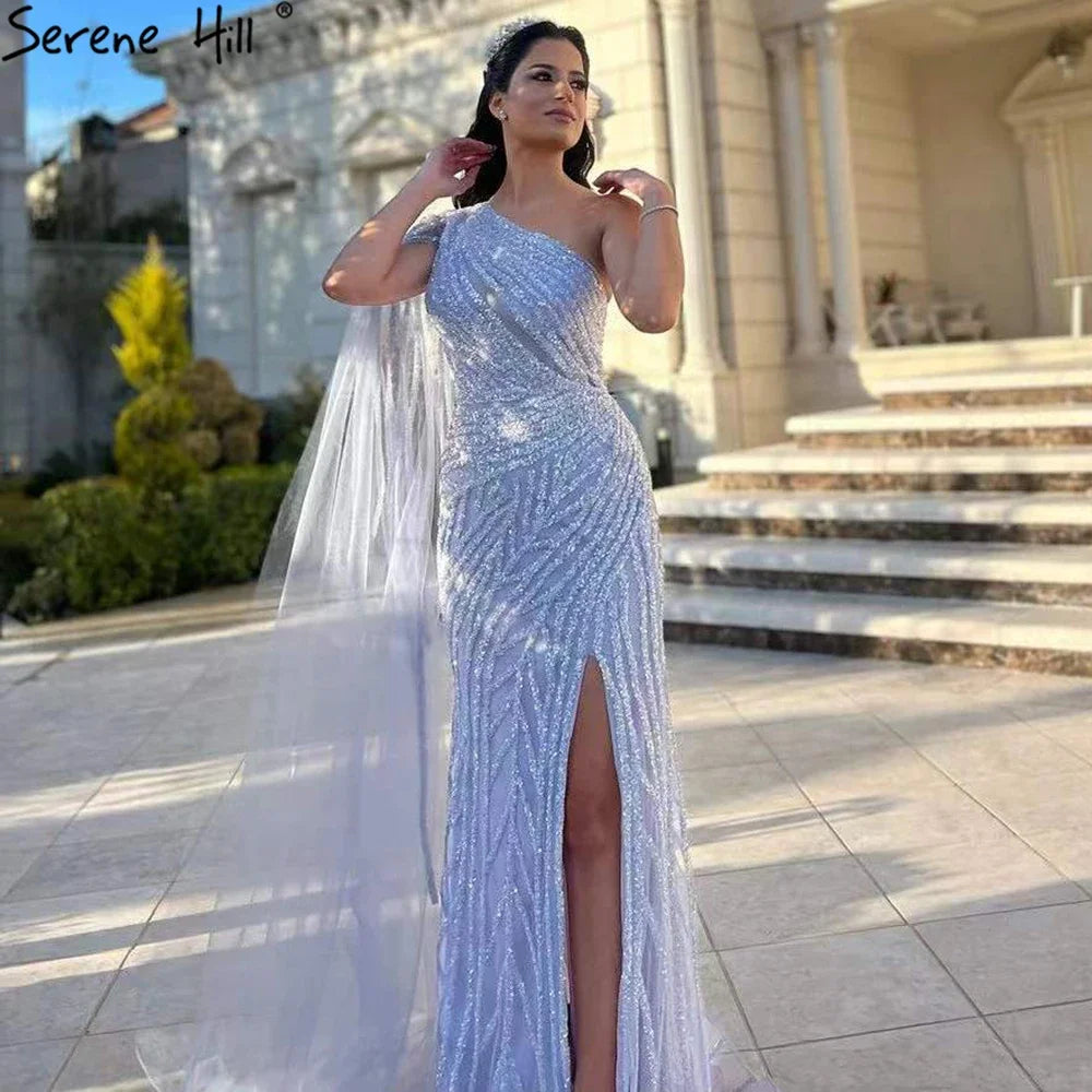 Elegant One Shoulder Lilac High Split Mermaid Evening Dress with Beaded Details for Women - Perfect for Prom, Gala, and Formal Parties - Serene Hill LA71493