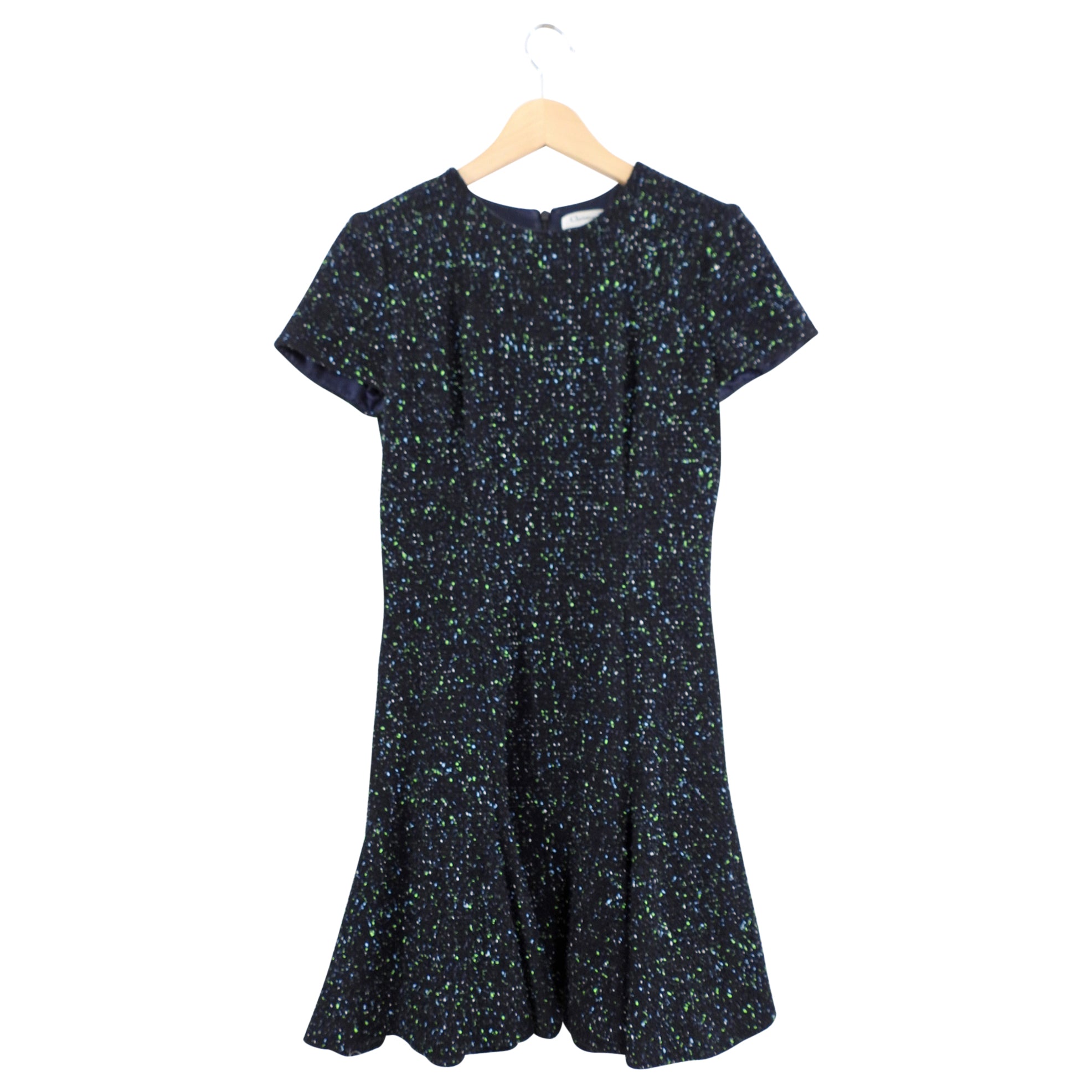 Christian Dior Black & Green Flecked Wool Short Sleeve Dress - Size 6 US | Elegant Casual Wear for Women's Summer Outfits & Special Occasions