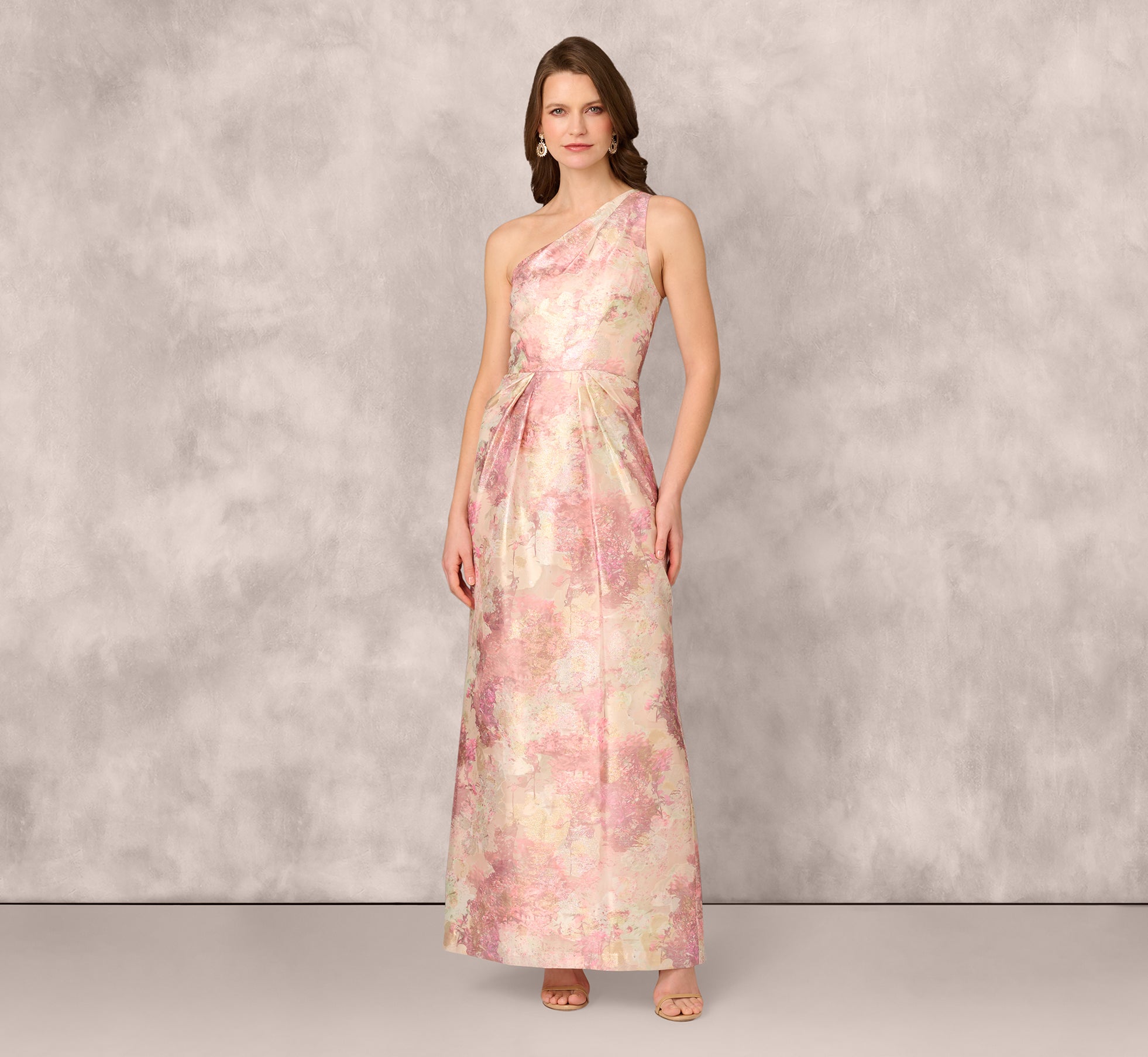 Elegant One Shoulder Pleated Jacquard Column Gown in Pink Multi - Perfect for Evening Galas, Weddings & Formal Events