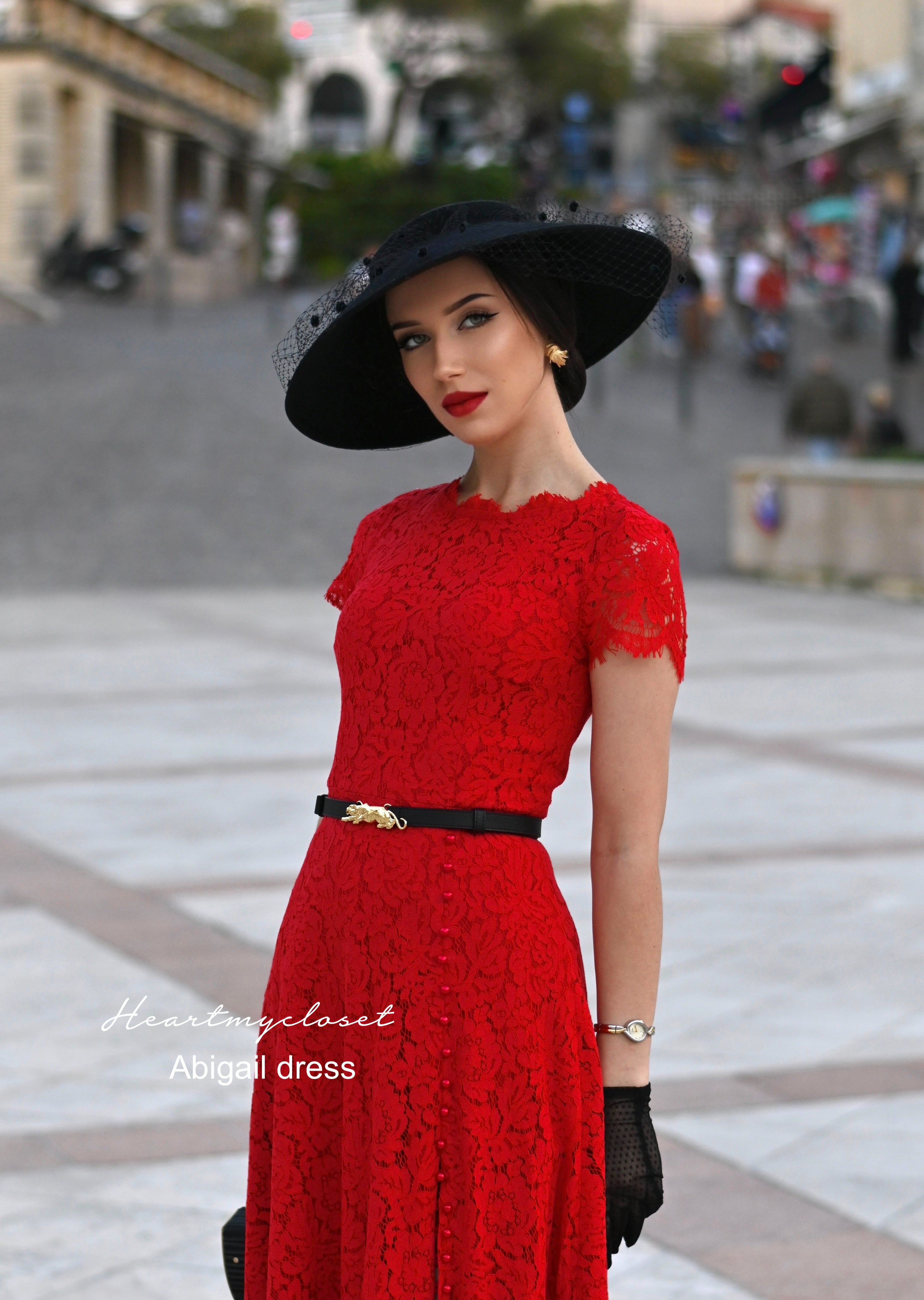 Elegant Abigail Red Lace Dress with Pearl Buttons - Belt-Free Women's Party Cocktail Dress for Evening Events, Weddings & Special Occasions