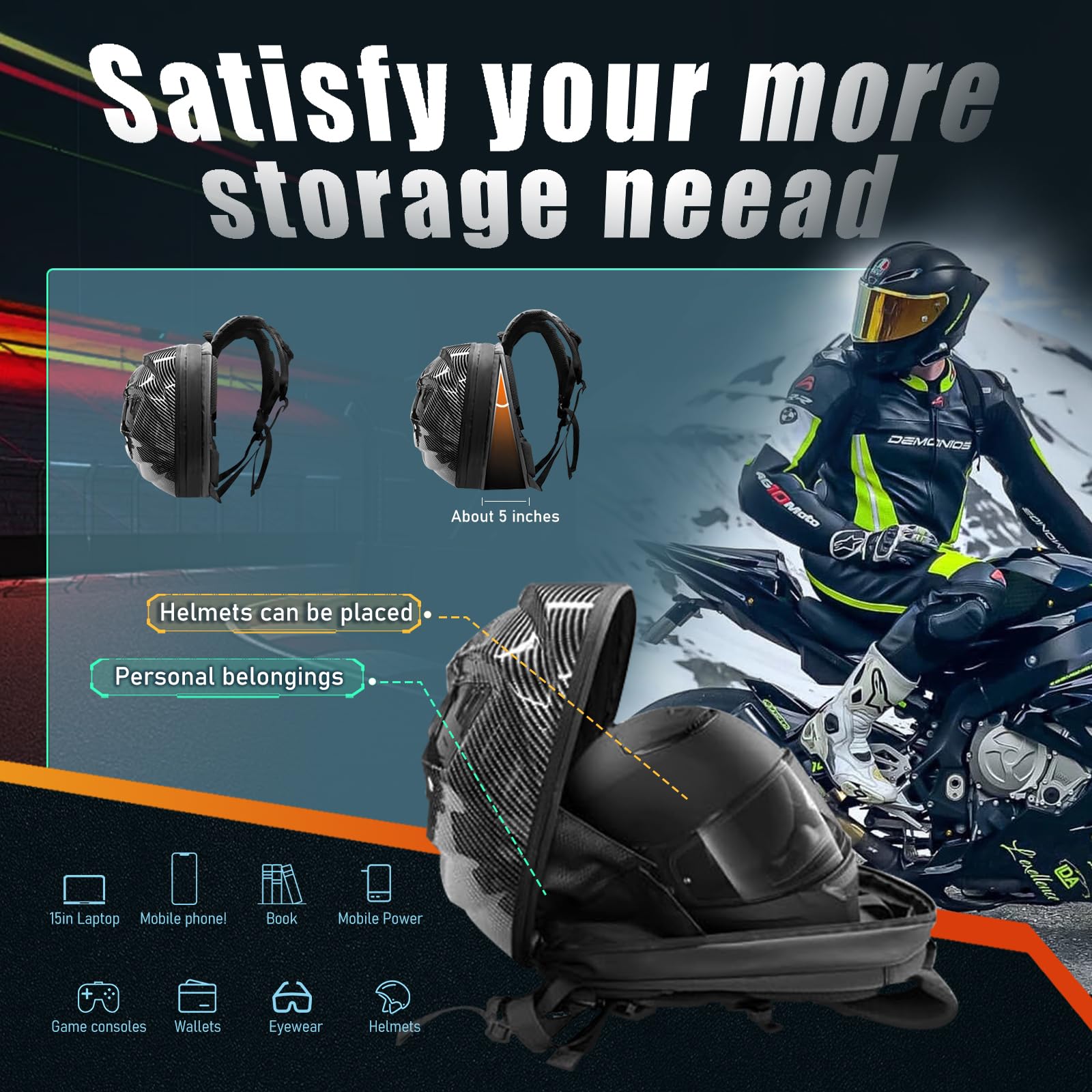 Waterproof LED Motorcycle Backpack for Men - Hard Shell Helmet Bag with Programmable Lights, DIY Riding Travel Laptop Shoulder Bag (Carbon Fiber Texture) - Perfect for Commuting, Night Riding & Adventure Travel