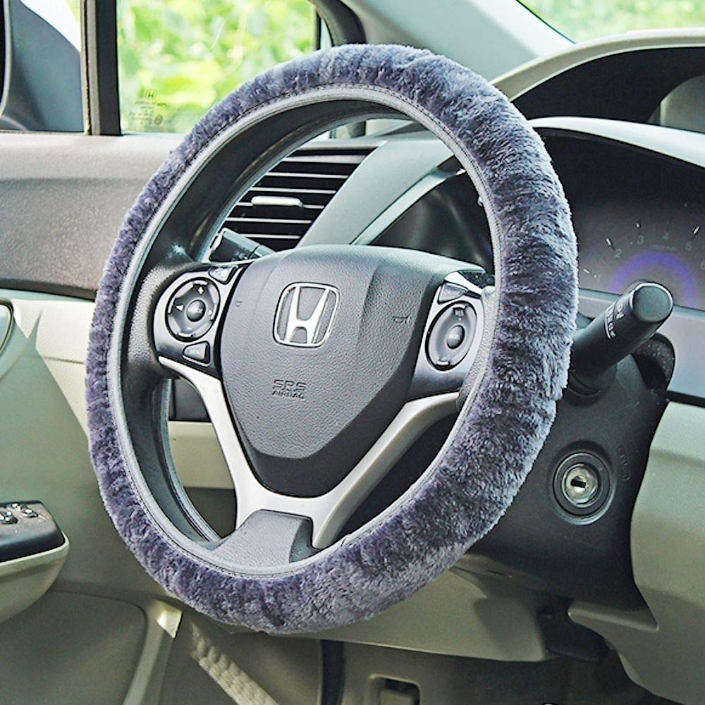 Soft Plush Steering Wheel Cover - Elastic Stretchable Gray Car Accessory - Universal Fit 14