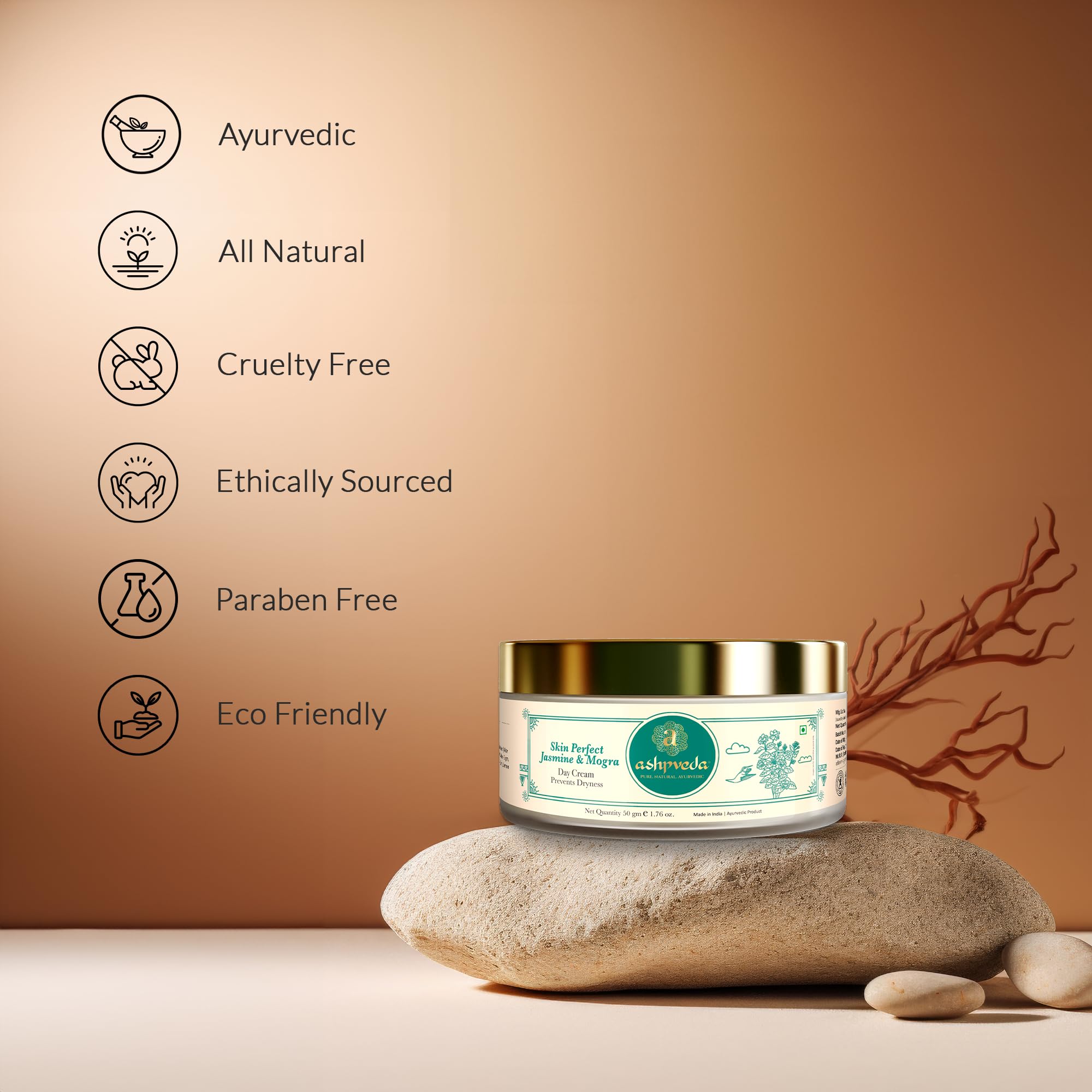 **Ashpveda Ayurvedic Skin Perfect Jasmine & Mogra Day Cream – Natural UVA/UVB Sun Protection, Chemical-Free SPF Cream for Women & Men (50g) | Daily Moisturizer for Glowing Skin**