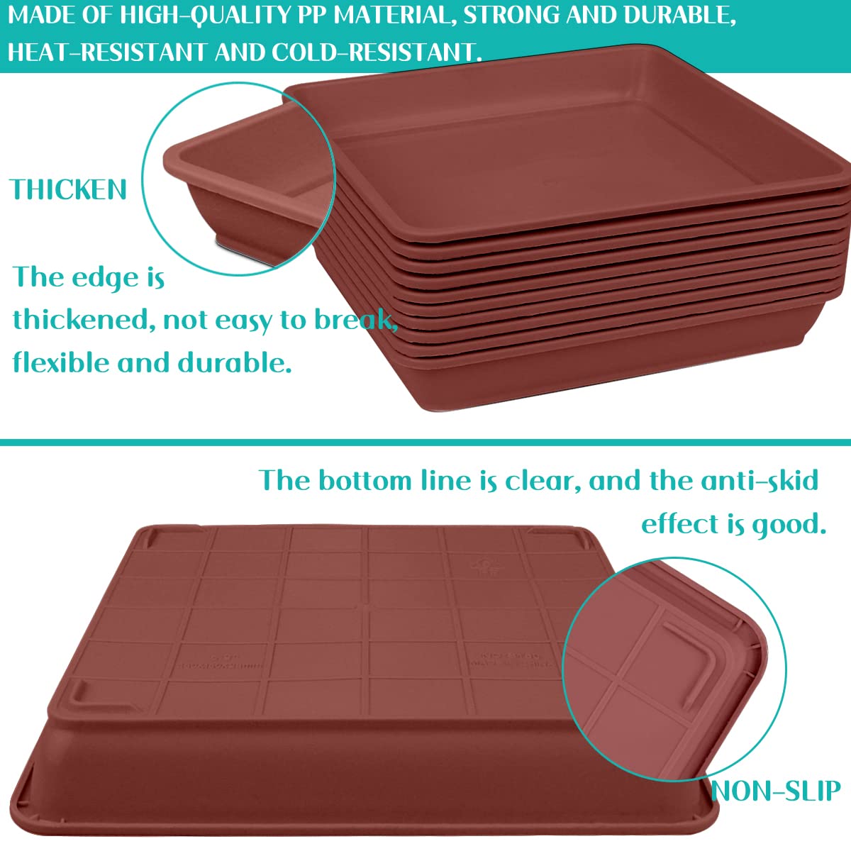 10 Pack 6 Inch Square Plastic Plant Saucers - Heavy Duty Flower Pot Drip Trays for Indoor/Outdoor Potted Plants - Garden Plant Water Catchers & Soil Protectors (Brown) - Perfect for Balcony, Patio & Greenhouses