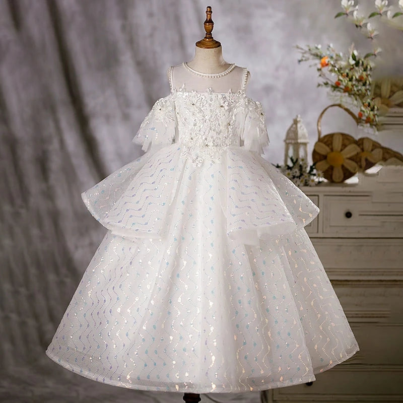 Elegant White Organza Flower Girl Dress with Jewel Neckline - Perfect for Weddings, Pageants & Special Occasions