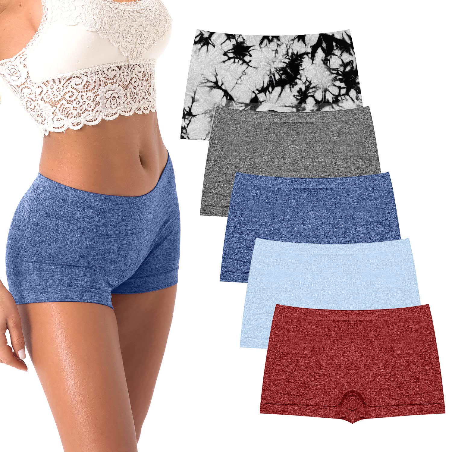 R RUXIA Women's Seamless Boy Shorts Underwear - Soft Stretch Cotton Boxer Briefs Panties (5-Pack, Regular & Plus Size) for Yoga, Sleep & Everyday Comfort