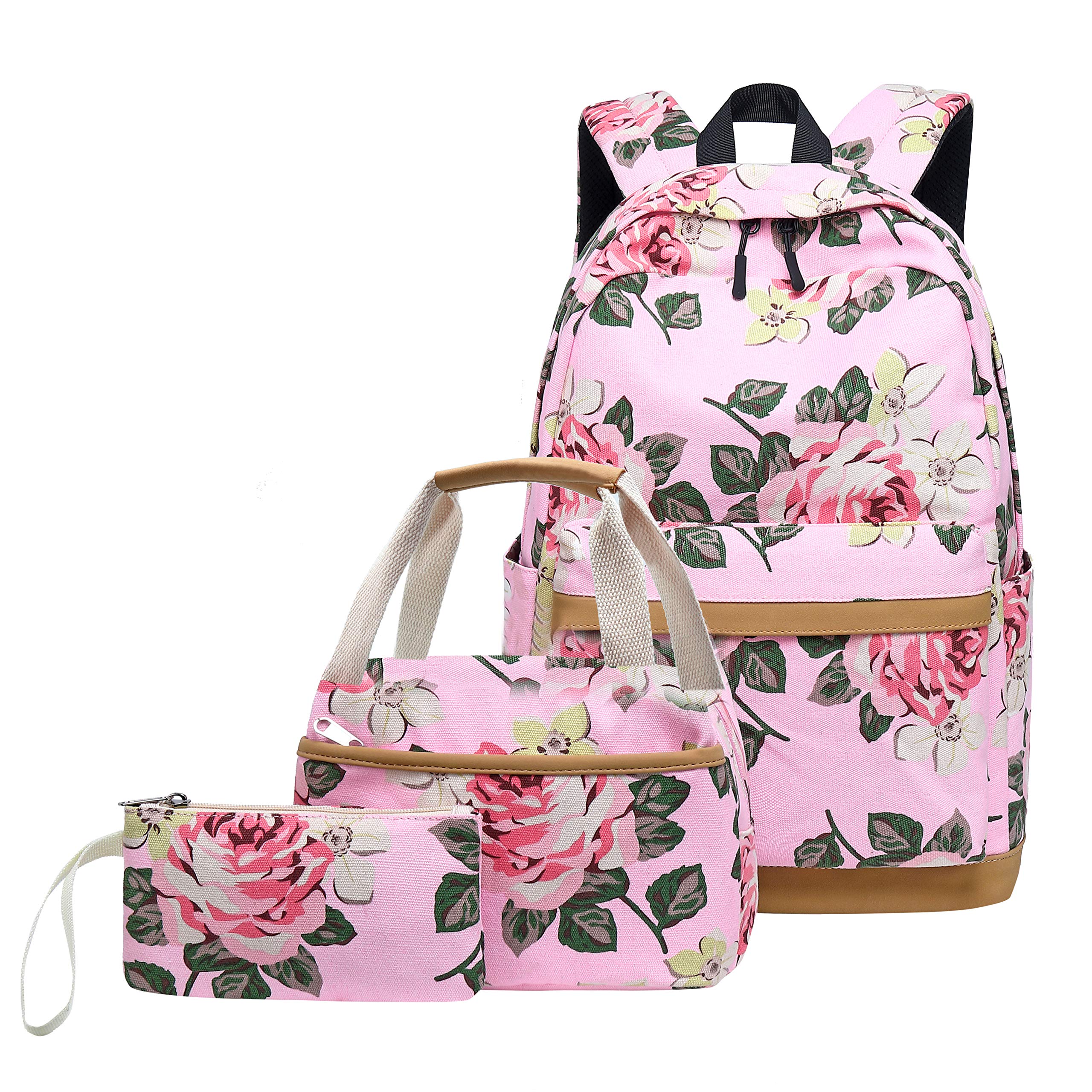 Flower Print Canvas Backpack Set for Girls & Women - 25L USB Laptop Daypack with Lunch Tote Bag & Pencil Case (Pink) | Perfect for School, Work, Travel & Daily Commute
