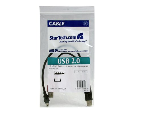 StarTech.com 1 ft USB 2.0 Y Cable for External Hard Drive - USB A Male to Mini B Male - High-Speed Data Transfer - Compatible with Seagate, WD, Toshiba - Perfect for Backup, Storage & Power Supply - Black (USB2HABMY1)