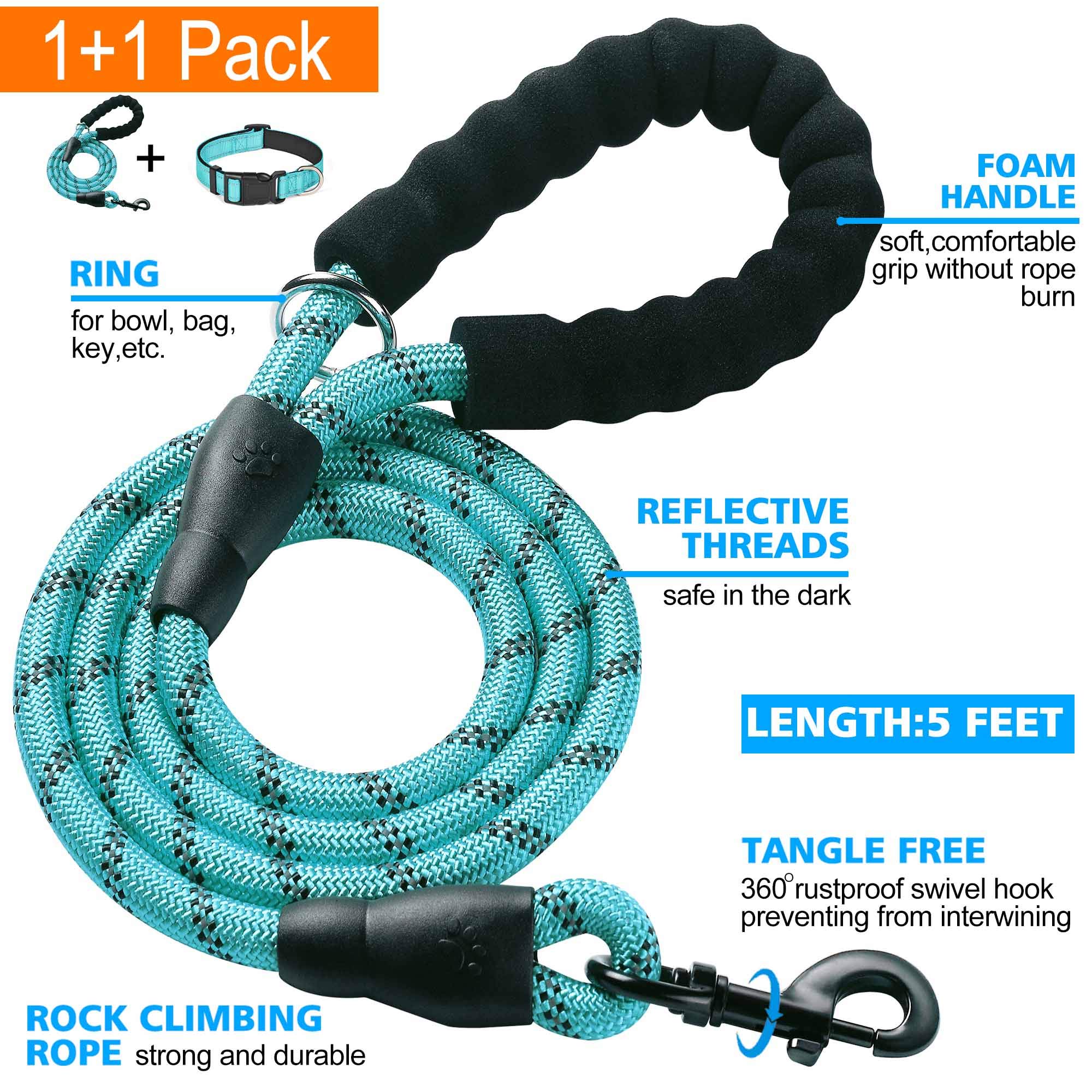 Reflective Padded Dog Collar with Soft Neoprene - Adjustable Nylon Pet Collar for Small, Medium & Large Dogs - Blue Collar with Leash Included (Pack of 1) - Perfect for Night Walks, Jogging & Outdoor Adventures