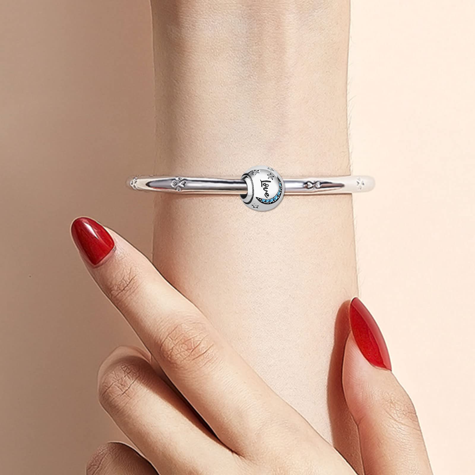 Blue Crystal Love Moon and Star Bead Charms for Pandora Bracelets | KunBead Jewelry | Birthday Gifts for Women | Perfect for Valentine's Day, Anniversary & Everyday Wear