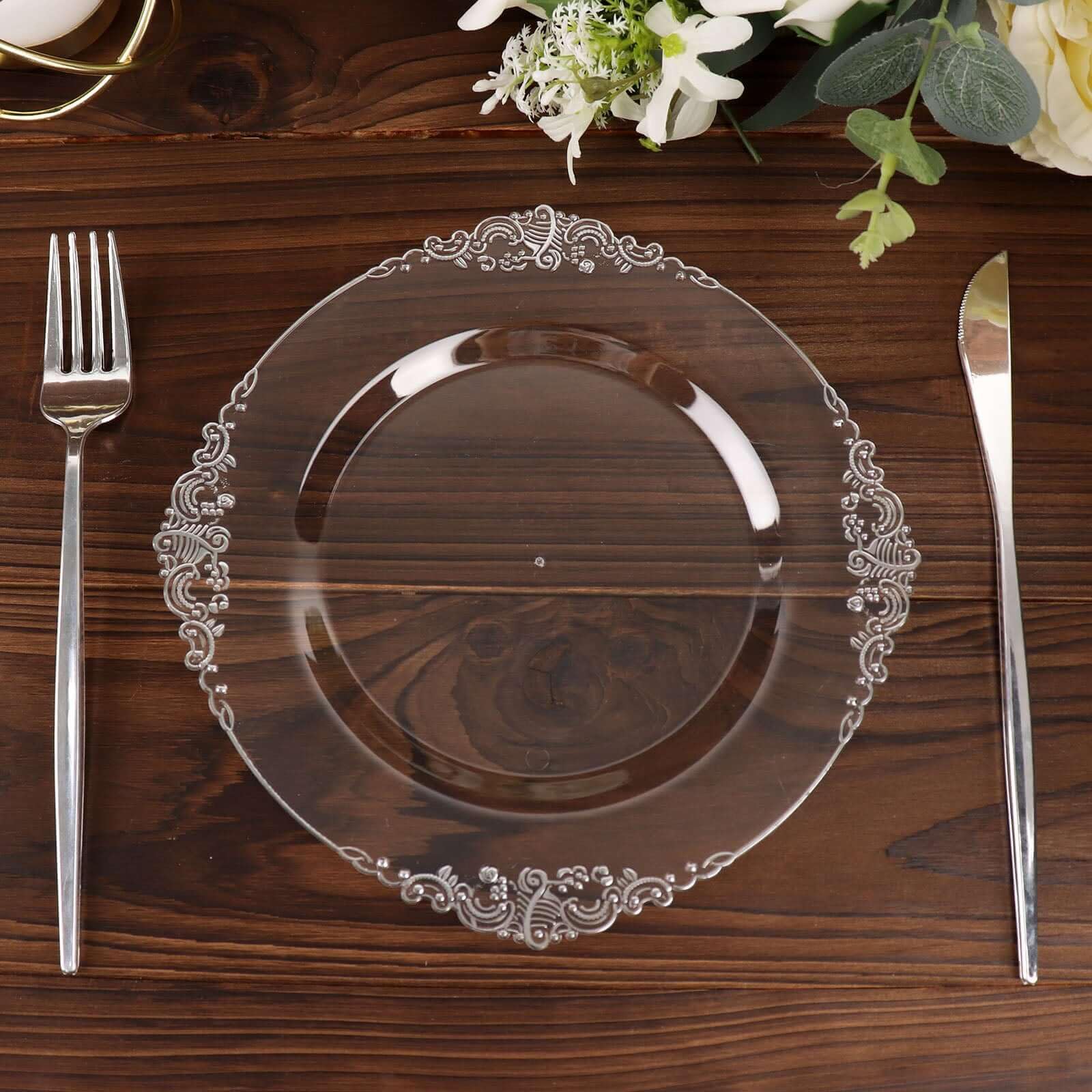 Efavormart 10 Pack Baroque 8 Inch Round Plastic Dessert Plates - Clear/Silver Disposable Tableware with Gold Leaf Embossed Rim for Parties, Weddings & Elegant Dining Events