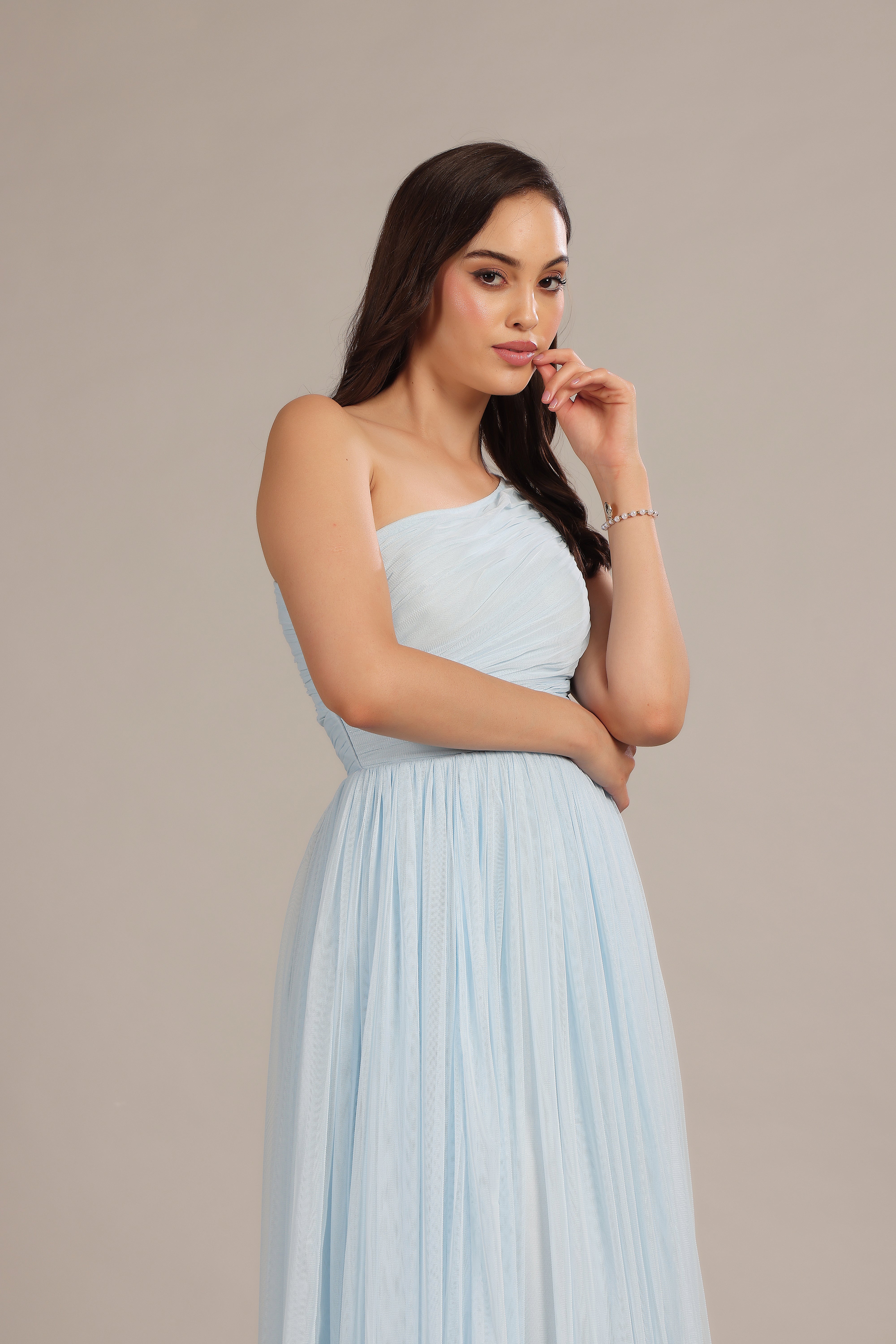 Elegant One Shoulder Maxi Dress in Soft Powder Blue - Perfect for Beach Weddings, Summer Parties & Evening Events