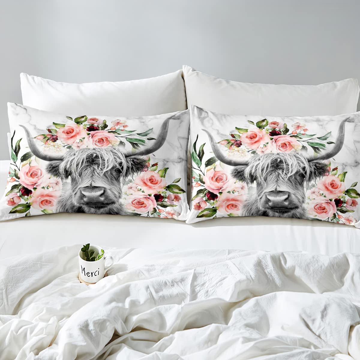 Erosebridal Highland Cow Floral Comforter Set Queen Size - Western Farmhouse Bull Cattle Bedding with Rose Grey Marble Design - Funny Animal Wildlife Quilt Set for Cozy Farmhouse & Rustic Bedroom Decor