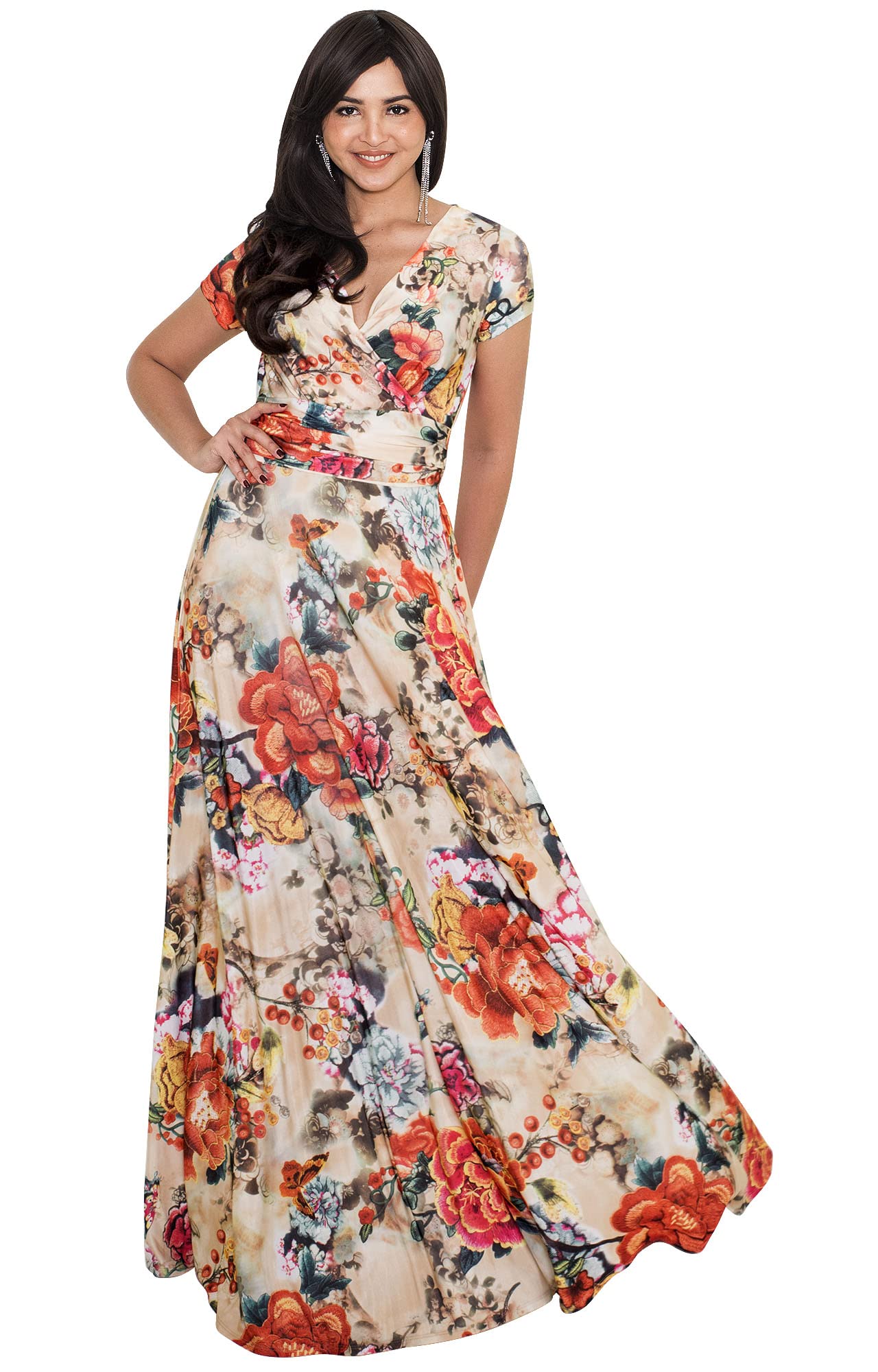 KOH KOH Women's Floral Print Summer Maxi Dress - Long Flowy Modest Gown with Short Sleeves | Perfect for Beach Vacations, Casual Outings and Boho Style Fashion