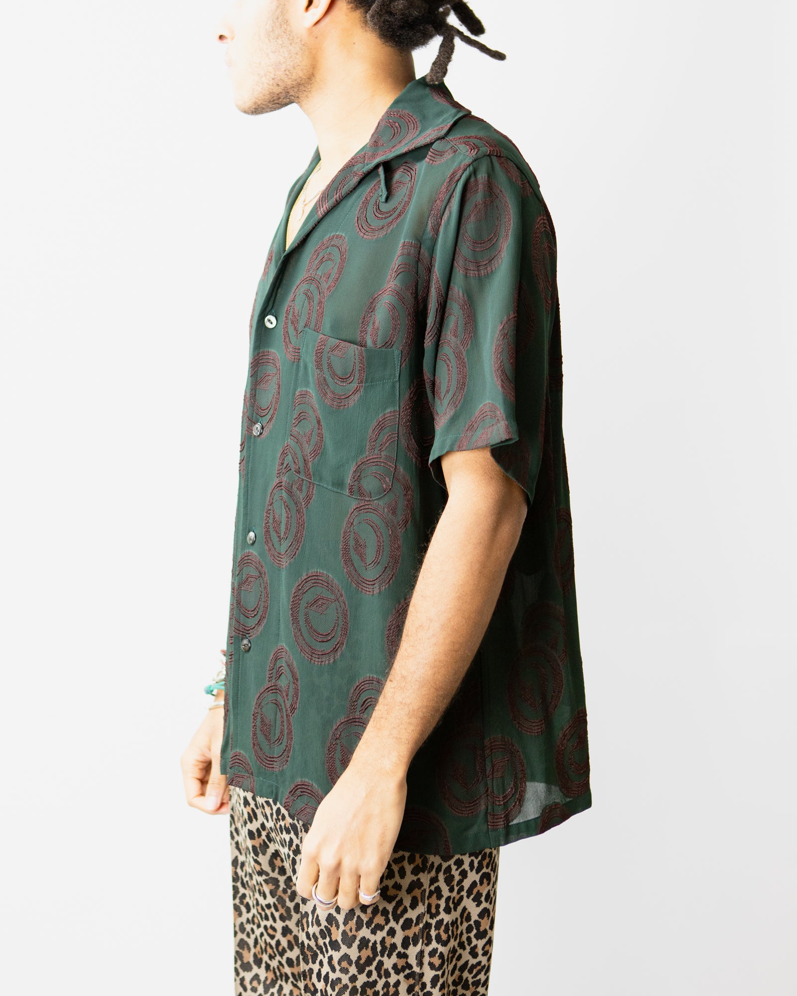 Italian Collar Short Sleeve Shirt for Men - Green & Burgundy Jacquard Rayon Button Up Shirt with Ring Cut Design | Casual Summer Wear, Office Outfit & Date Night Fashion