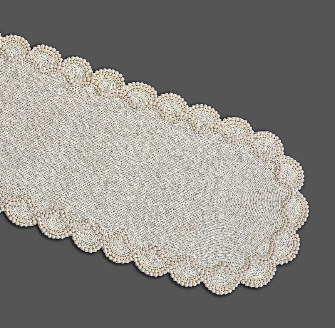 HM Creations Handmade White Pearls & Beads Luxury Table Runner - 13x36 Inch Wedding Table Topper (Set of 6 Placemats) for Bridal Showers, Anniversary Dinners & Formal Dining Decor