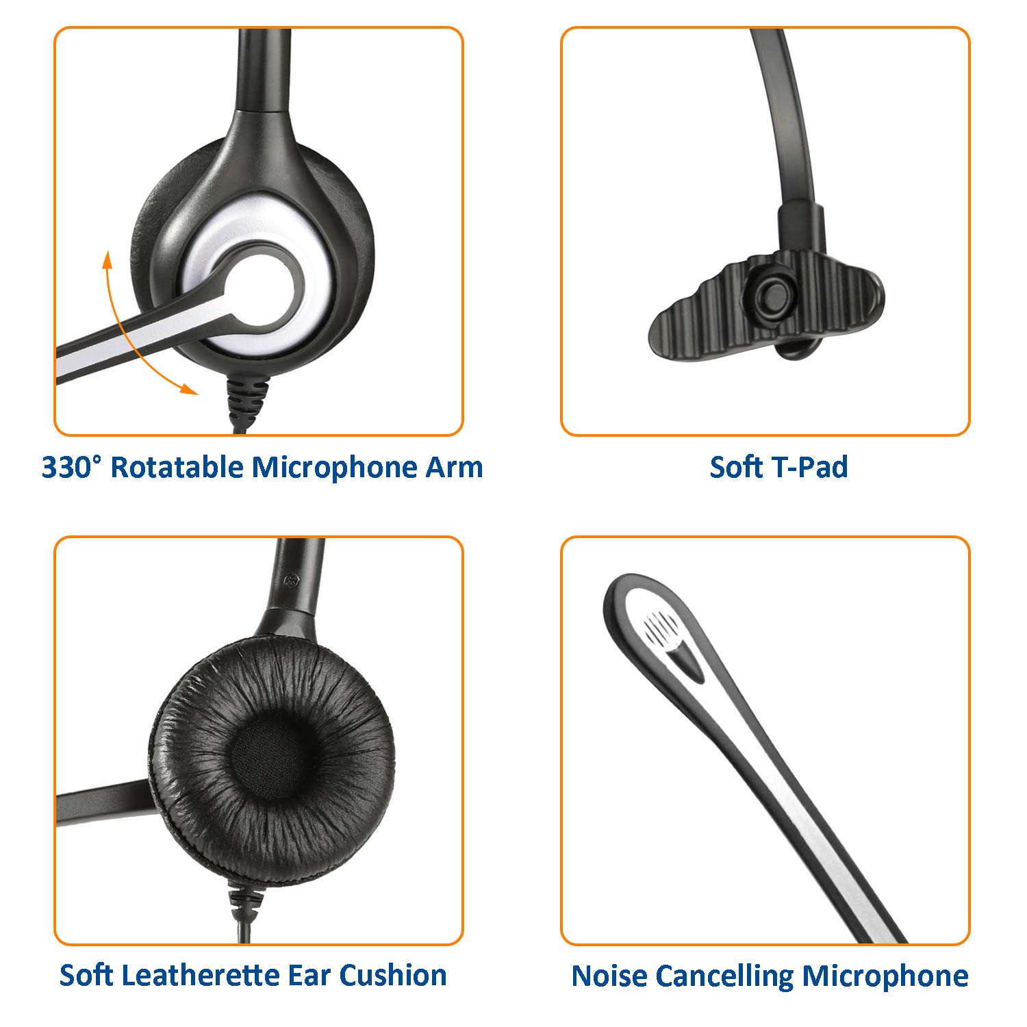 Wantek Mono Corded Telephone Headset with Noise Canceling Microphone - Compatible with ShoreTel, Plantronics, Polycom, Zultys, Toshiba, NEC Aspire, Dterm, Nortel, Meridian, Packet8 Landline Deskphones (F600S2) - Ideal for Call Centers, Office Communication & Customer Service