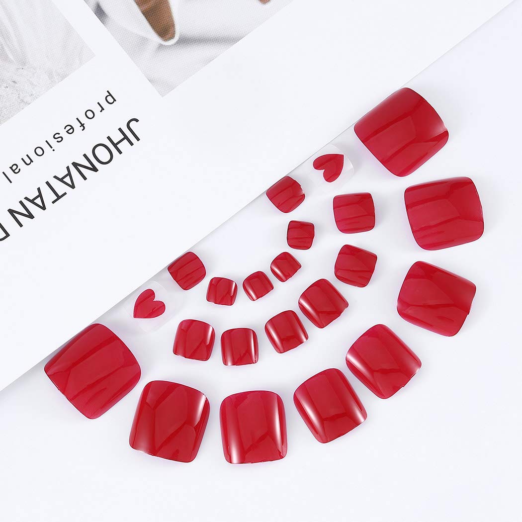 Brishow 24Pcs Red Acrylic Stick-On False Toenails - Heart Design Full Cover Fake Toe Nails for Women & Girls | Pedicure, Summer Sandals, Beach Vacation, Nail Art Decoration