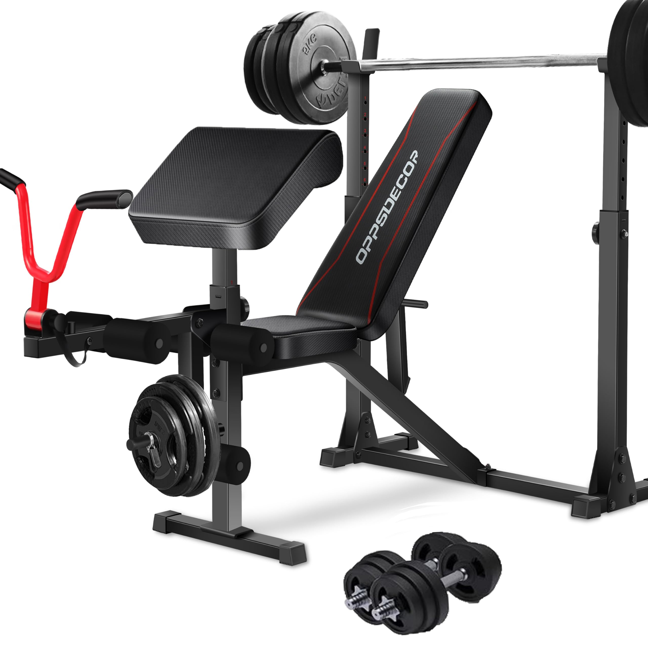 OPPSDECOR 900LBS Weight Bench with Squat Rack - Adjustable Olympic Workout Bench for Home Gym, Professional Bench Press Set with Barbell Rack, Preacher Curl & Leg Developer - Perfect for Strength Training, Bodybuilding & Full-Body Workouts