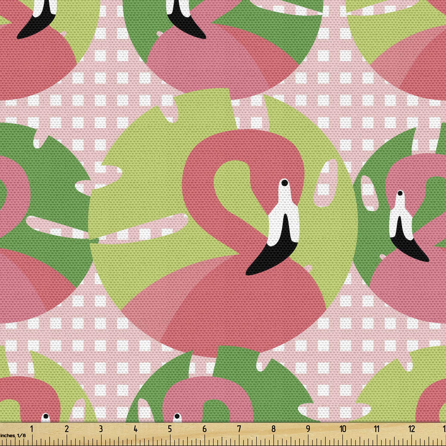 Ambesonne Exotic Flamingo Print Fabric by The Yard - Childish Doodle with Palm Leaves on Tartan Backdrop - 10 Yards Fern Green & Pink Upholstery Material for Sofa, Curtains, Pillows & Home Decor