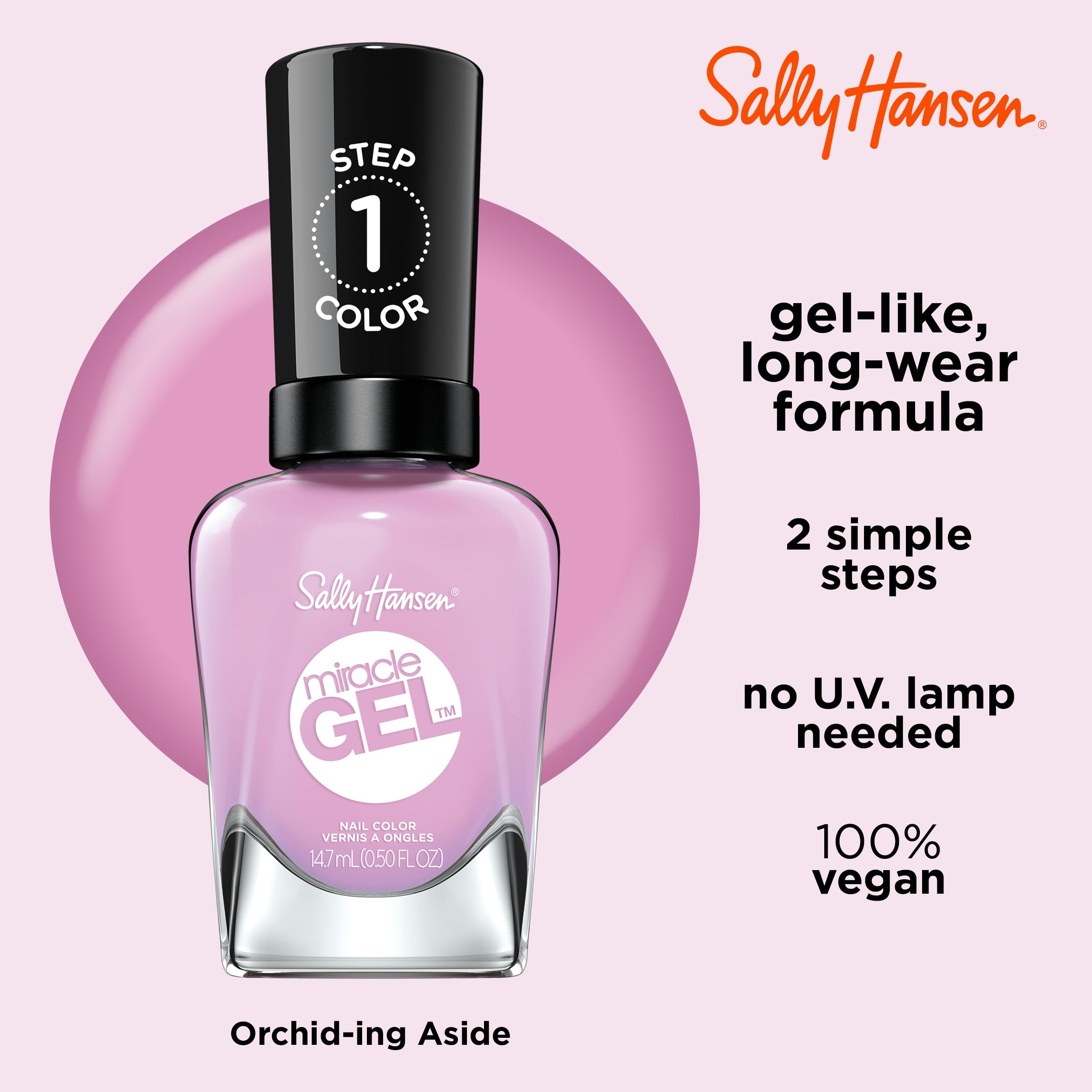 Sally Hansen Miracle Gel Nail Polish - Orchid Ing Aside, Long Lasting Gel-Like Formula, No UV Lamp Needed, Pink Nail Polish for Women - Perfect for Manicures, Pedicures & Everyday Wear