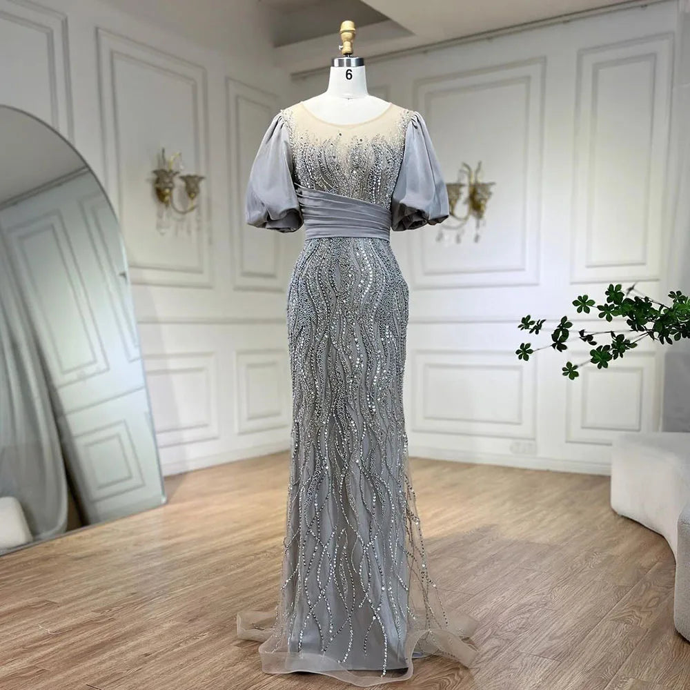 Serene Hill Silver Nude Luxury Mermaid Beaded Evening Dress with Puffy Sleeves - Elegant Women's Party Gown LA70809 | Perfect for Prom, Gala, Wedding & Formal Events