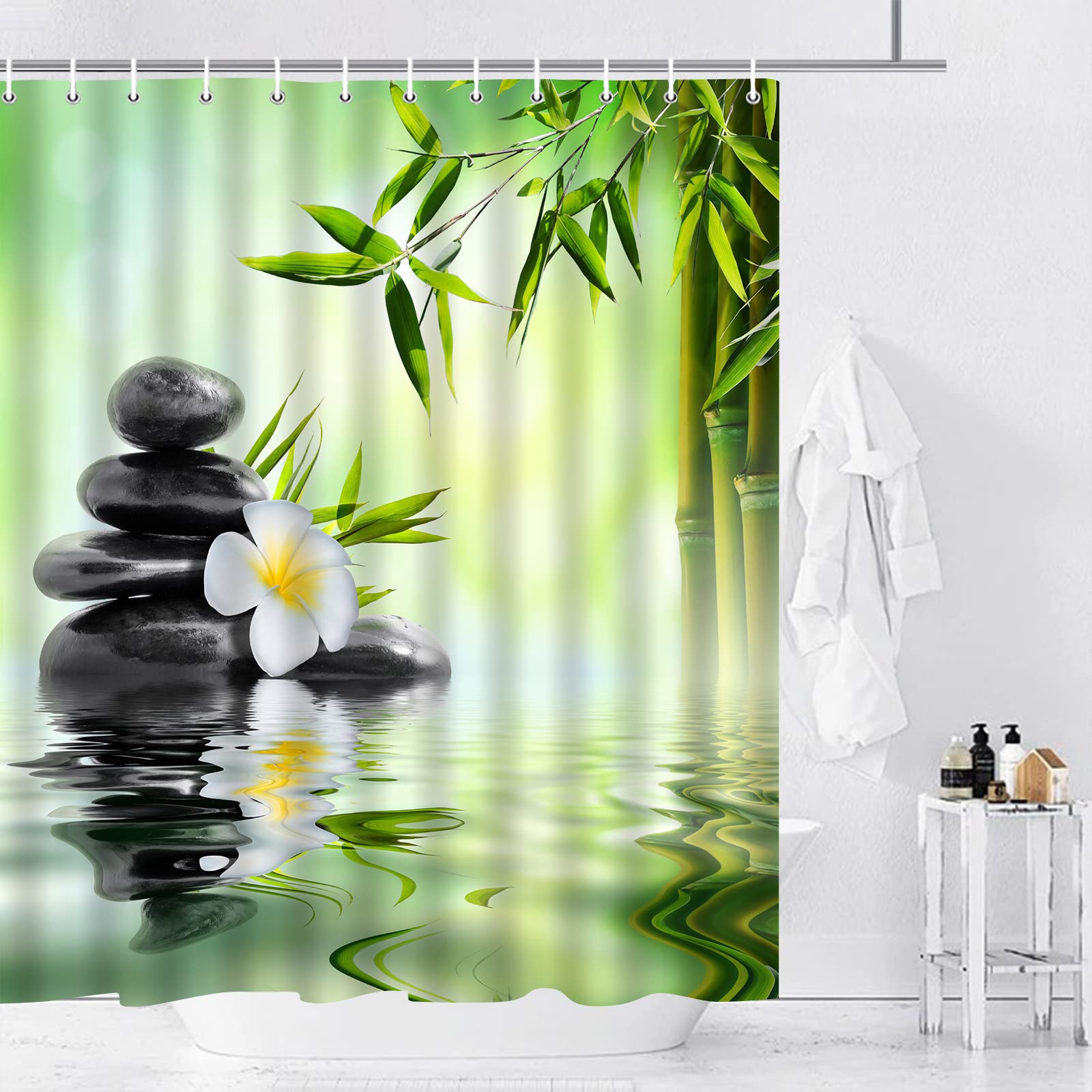 Zen Garden Shower Curtain - Green Bamboo Leaf & White Flower Design with Black Stone Water Landscape - Spa Themed Bathroom Decor - 70 x 70 Inch Cloth Hanging Curtain Set with Hooks - Perfect for Relaxing Baths, Meditation Spaces & Asian-Inspired Home Decor