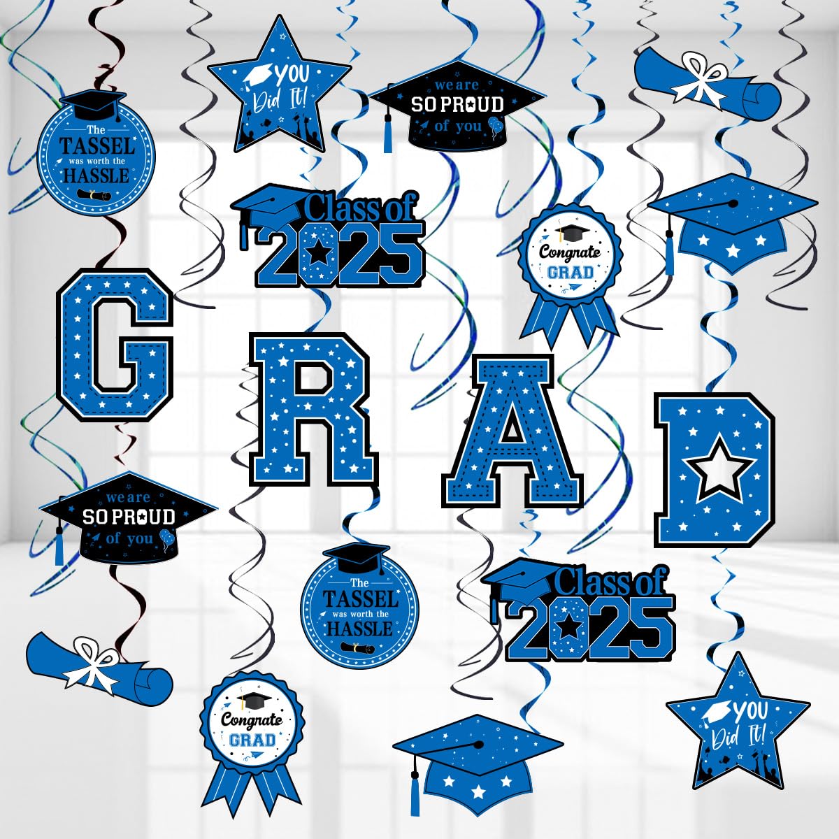 JOYMEMO 30-Pack Blue & Black Graduation Swirl Decorations 2025 - Class of 2025 Graduation Party Supplies for High School & College - Perfect for Graduation Ceremony, Party Decor & Photo Backdrops