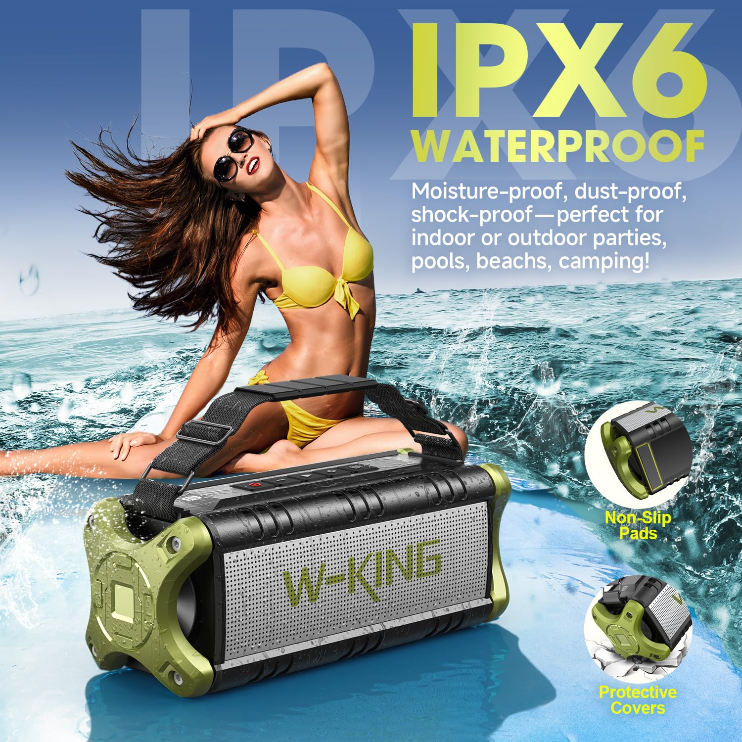 W-KING 90W Max Portable Bluetooth Speaker - IPX6 Waterproof Wireless Speaker with 50W Deep Bass, Hi-Fi Audio, 40H Playback, Built-in Power Bank, Stereo Pairing & EQ for Outdoor, Camping, Beach & Party Use