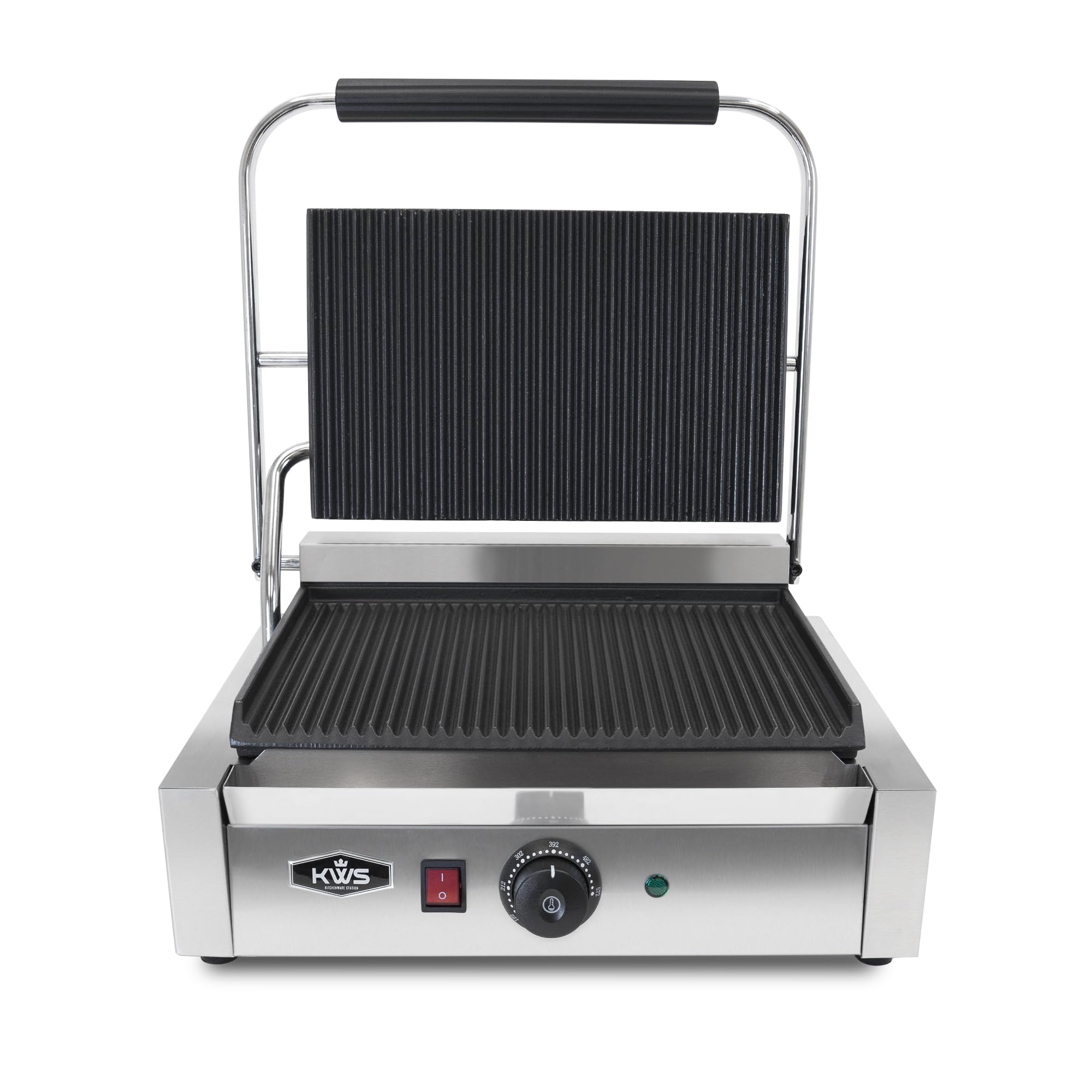 Premium 110V Commercial 1700W Electric Panini Press Grill with Non-Stick Grooved Plates - 13.5