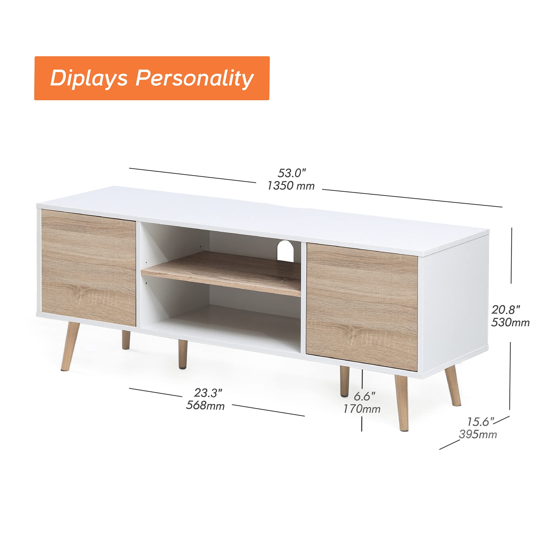WAMPAT 60 Inch Mid-Century Modern TV Stand - Wood Media Console with Storage for Flat Screen TVs, White & Oak Entertainment Center - Perfect for Living Room, Bedroom & Home Theater Setup