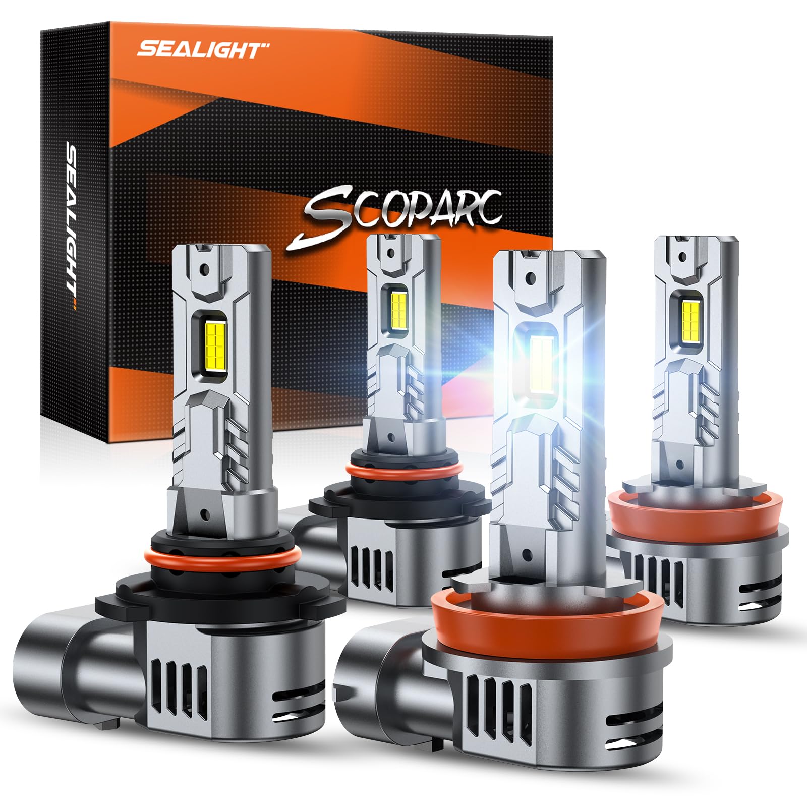 SEALIGHT S2S 9005/HB3 H11/H8/H9/H16 LED Bulbs Combo - 44000LM Super Bright with 14000RPM Cooling Fan - 1:1 Halogen Replacement - Plug & Play - Pack of 4 - Perfect for Fog Lights, Headlights & Night Driving