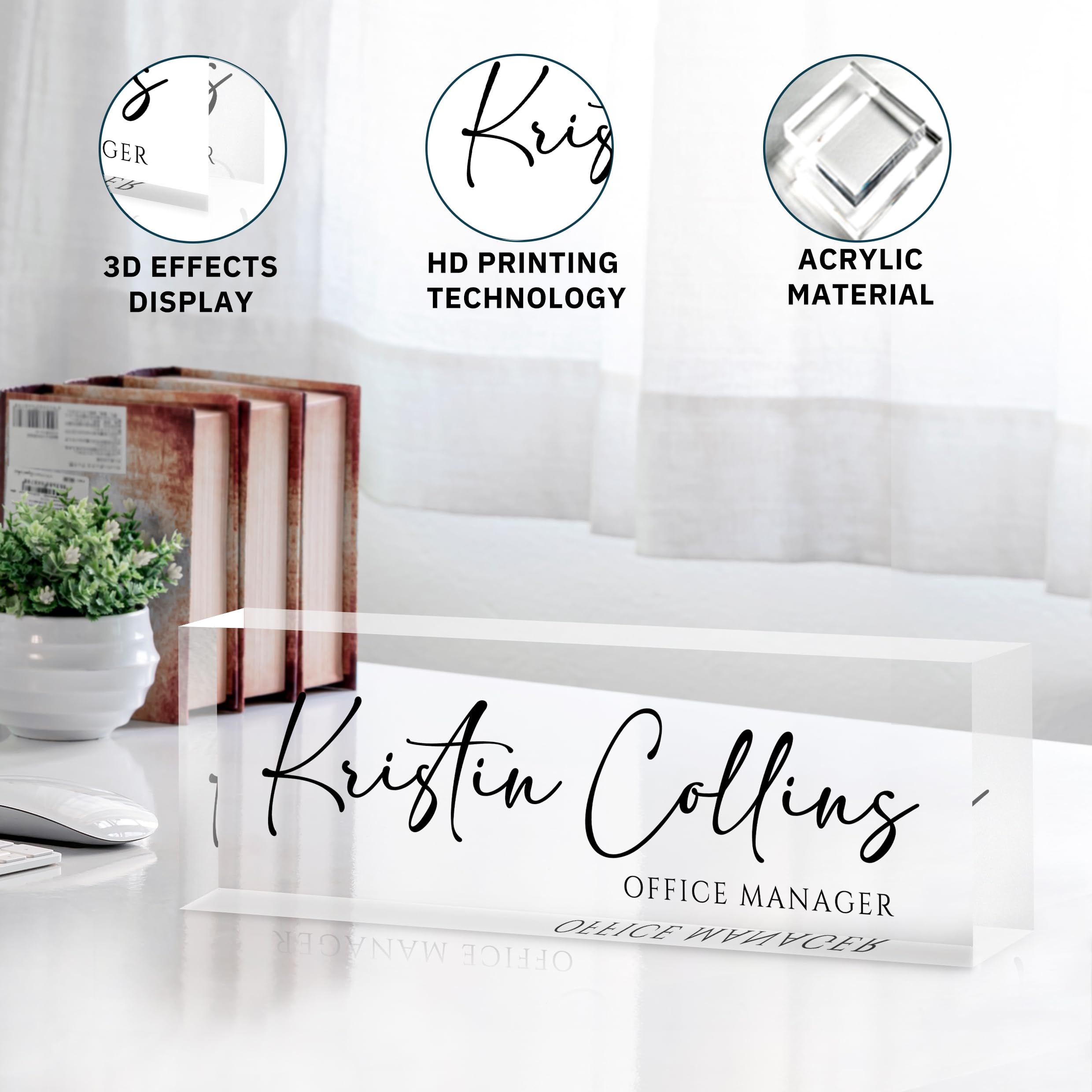 Personalized Acrylic Desk Name Plate - Custom Engraved Clear Glass Nameplate for Office, Teacher, Employee, Boss, Coworker & Nurse - Perfect Appreciation Gift for Women & Men - Ideal for Office Desks, Reception Areas & Workstations (Ink)