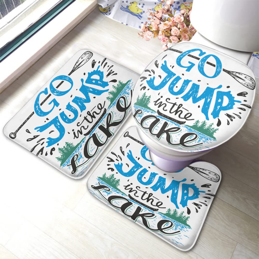 Zaueky 3-Piece Bathroom Rug Set - Non-Slip Rubber Backing, U-Shaped Contour Mat & Toilet Cover - Lakeside Living & Cabin Decor - Perfect for Vintage Bathrooms, Guest Suites & Cozy Cottage Homes
