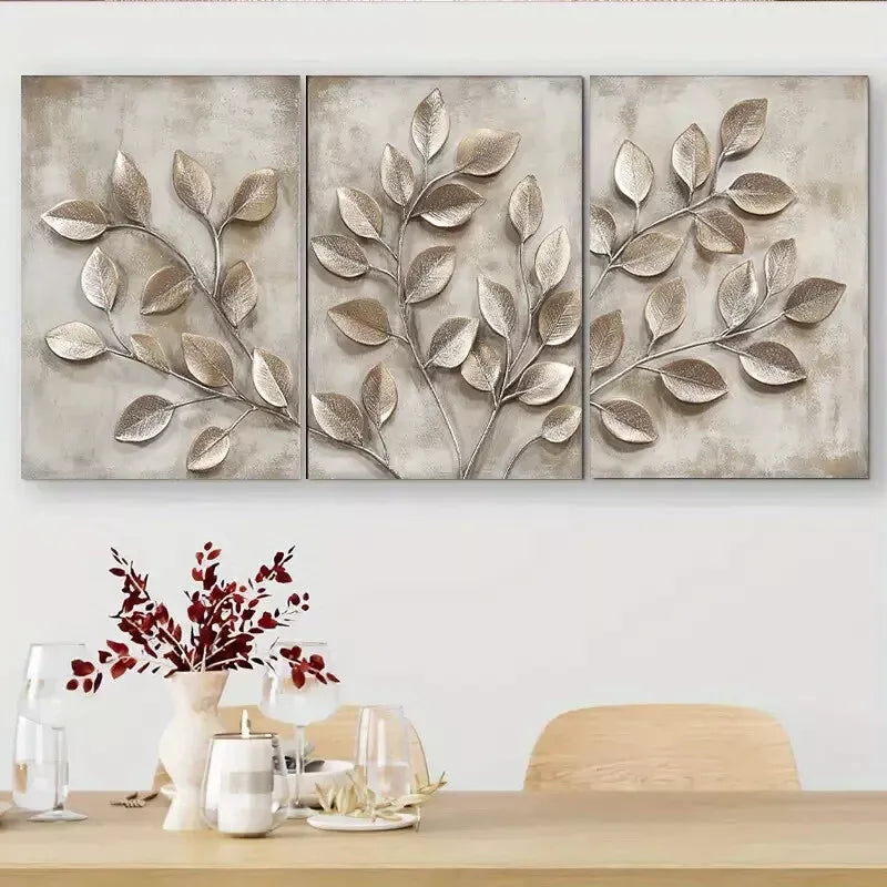3-Piece Metallic Leaf Branch Triptych Wall Art Set - Framed Canvas 40x60cm (16x24in) - High Quality Print - 100% Australian Made - Ready to Hang - Perfect for Living Room, Bedroom & Office Decor