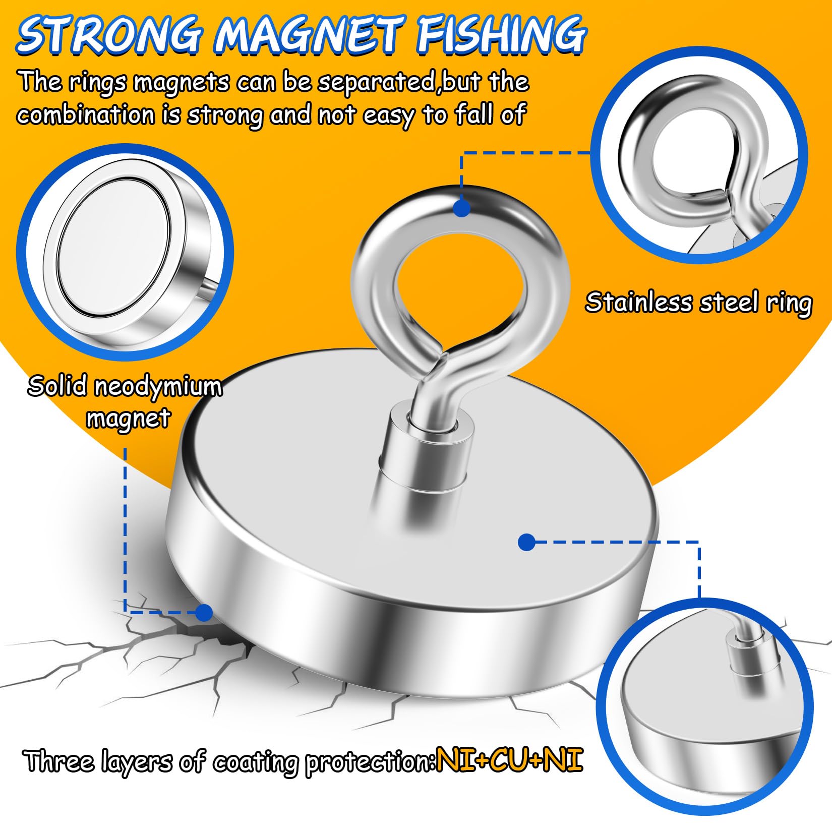 Grtard Super Strong Neodymium Fishing Magnet 300 lbs (136 KG) Pulling Force - Rare Earth Magnet with Countersunk Hole Eyebolt - 1.97 inch (50mm) Diameter for River Treasure Hunting, Magnetic Fishing & Metal Retrieval - Perfect for Underwater Search, Salvage Operations & DIY Projects