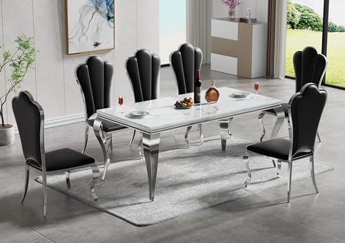 70” Silver Table With 6 Black＆silver Petal Chair