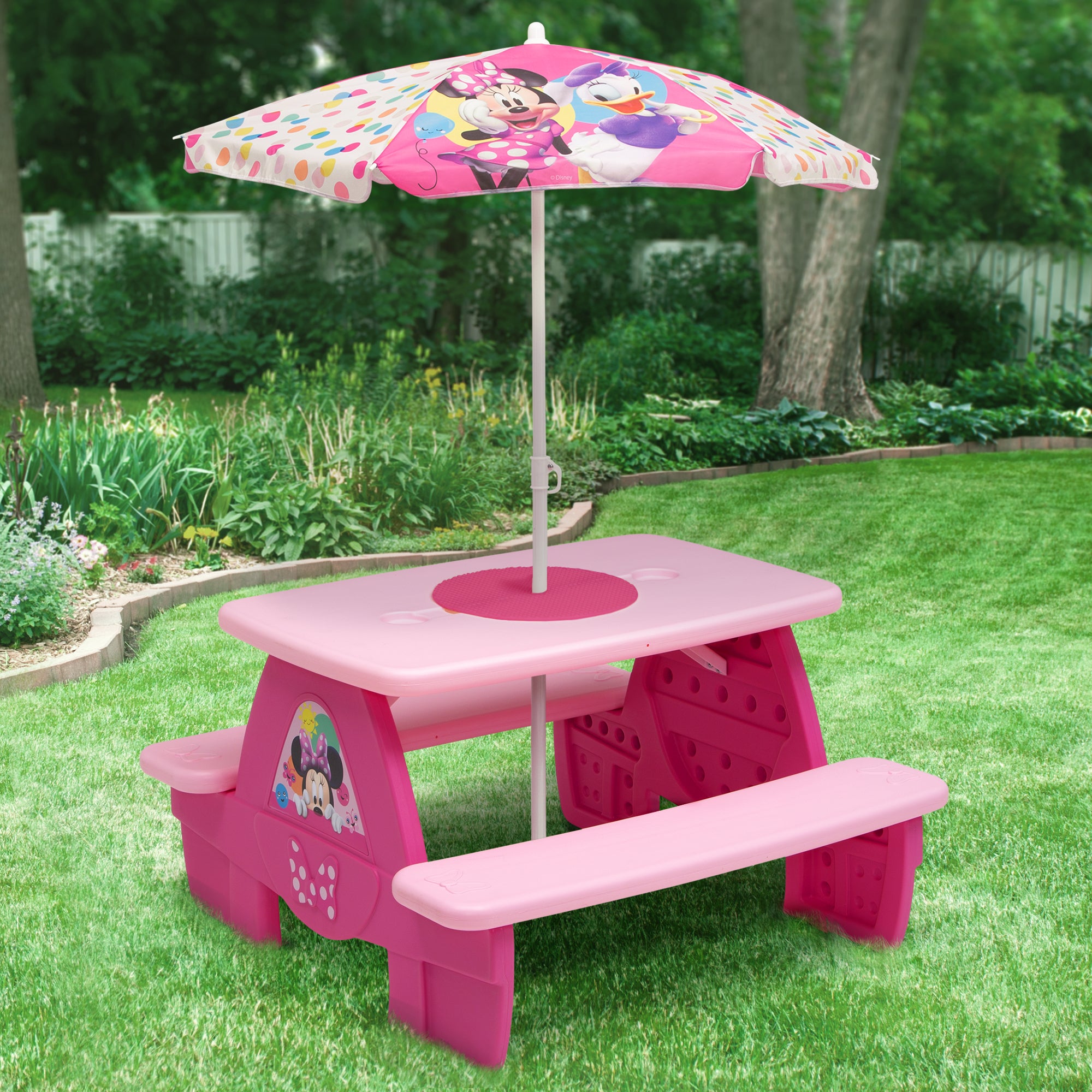 Minnie Mouse 4-Seat Kids Picnic Table with Umbrella & LEGO-Compatible Tabletop - Outdoor Play, Birthday Parties & Backyard Fun