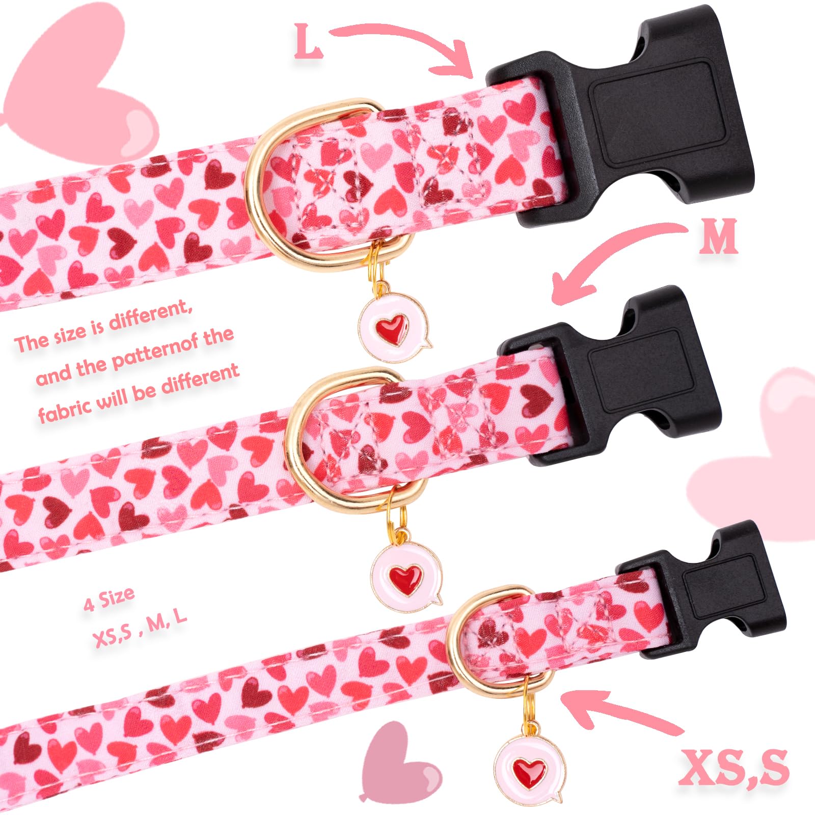 Valentine's Day Dog Collar - Cute Heart Print Adjustable Collar for Small Medium Large Dogs - Soft Pink Cotton Pet Collar for Puppies - Perfect for Valentine's Gifts & Daily Walks