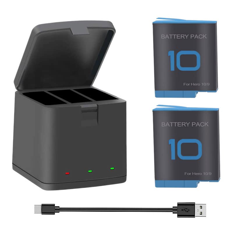 2-Pack GoPro Hero 9/10 Replacement Battery with 3-Channel USB Charger - Compatible with GoPro Hero 10 Black & Hero 9 Black - Perfect for Travel, Vlogging, and Outdoor Adventures