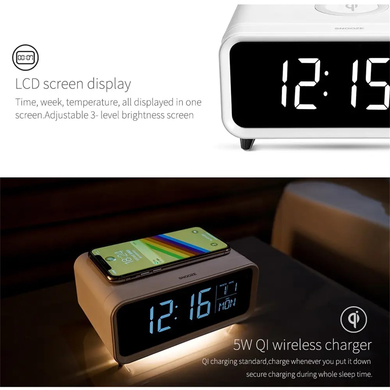 Fyrwqm 3-in-1 Bluetooth Speaker with LED Night Light, Wireless Charger & Digital Alarm Clock | Touch Sensor Control, Fast Phone Charging | Perfect for Bedroom, Office, Nightstand (White)