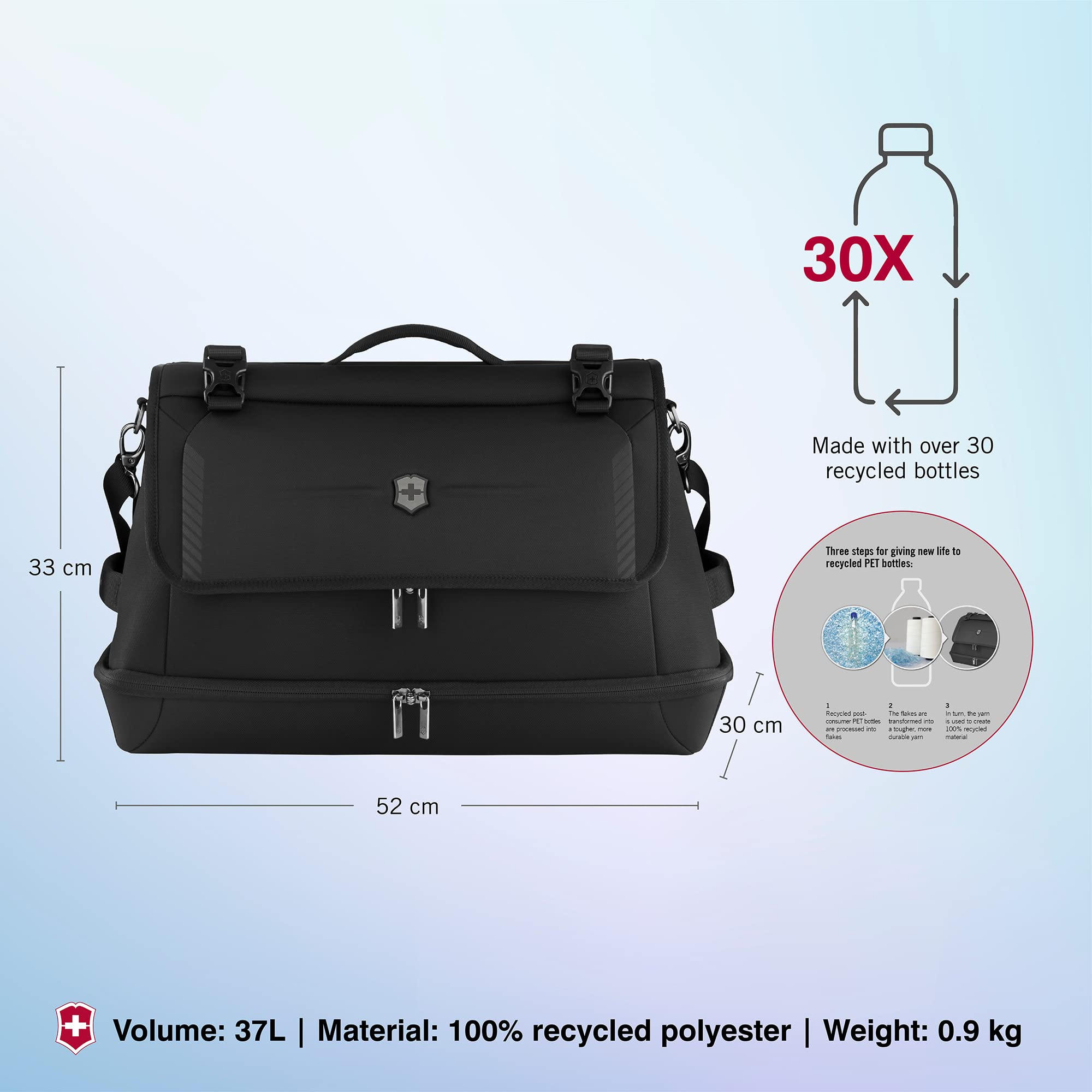 Victorinox Crosslight Duffel Bag - Eco-Friendly Lightweight Travel Duffel Made from Recycled Materials - Premium Carry-On Luggage with Adaptive Interior Compartment - Black - Perfect for Gym, Weekend Trips & Business Travel