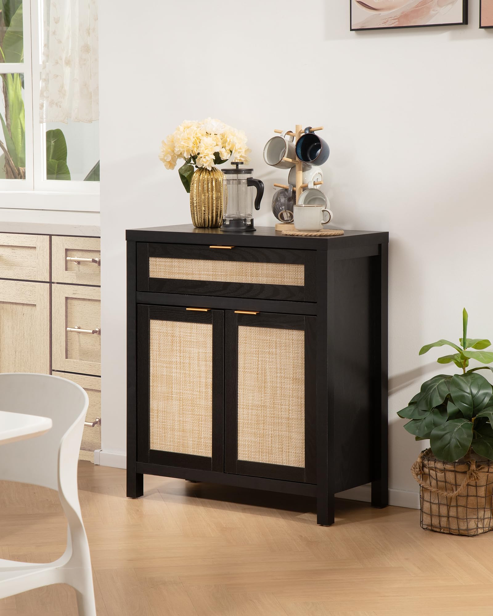 SICOTAS Modern Rattan Sideboard Buffet Cabinet with Doors & Drawer - Entryway Storage, Living Room Console Table, Coffee Bar Organizer - Black Accent Furniture for Home Decor