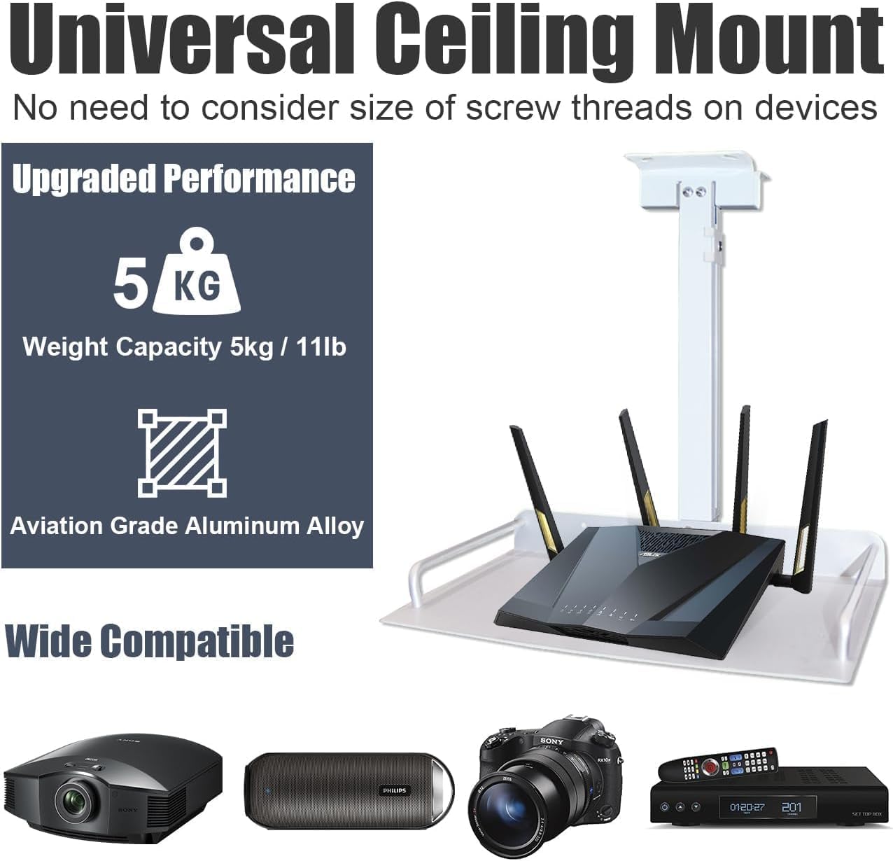2-Be-Best Universal Adjustable Projector Ceiling Mount with Tray - 11.8IN to 20.5IN (30CM-52CM) Height Range - White - Perfect for Home Theater, Classroom, and Office Projector Installation